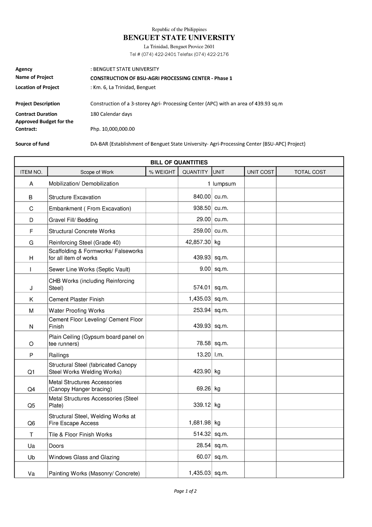 Section Vii Bill Of Quantities 23 - Php. 10,000,000. Item No. % Weight 