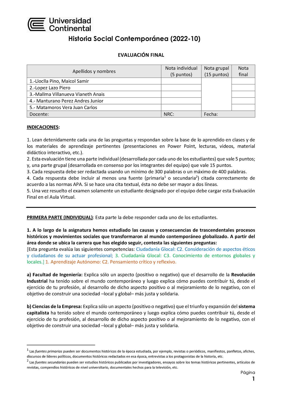 HSC Evaluaci N Final Grupo 05 - Página EVALUACIÓN FINAL Apellidos Y ...