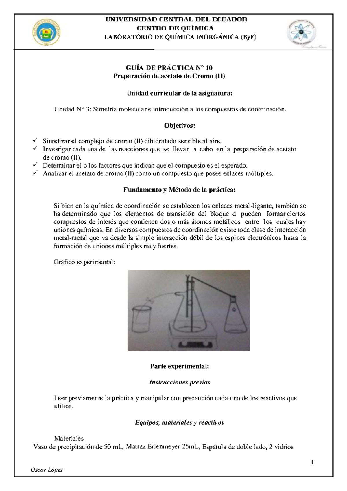 Práctica 10 Síntesis de Acetato de cromo II UNIVERSIDAD CENTRAL DEL