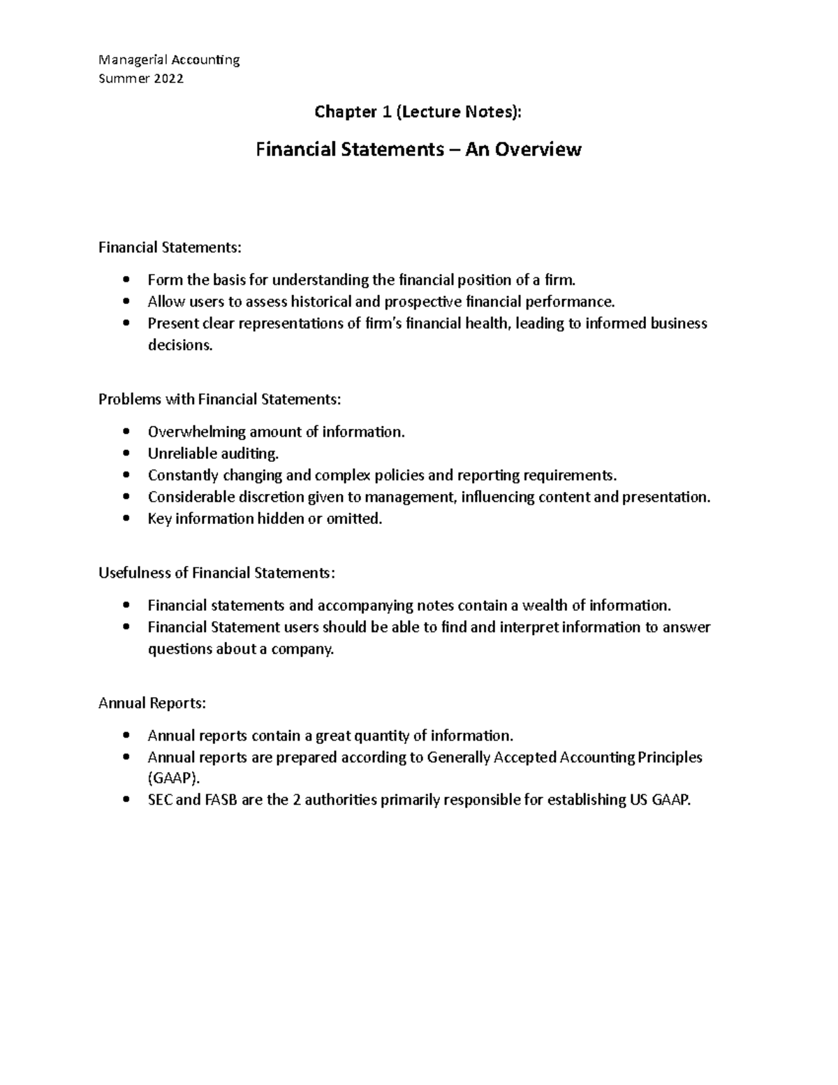 Ch. 1 Notes - Financial Statements Overview - Summer 2022 Chapter 1 ...