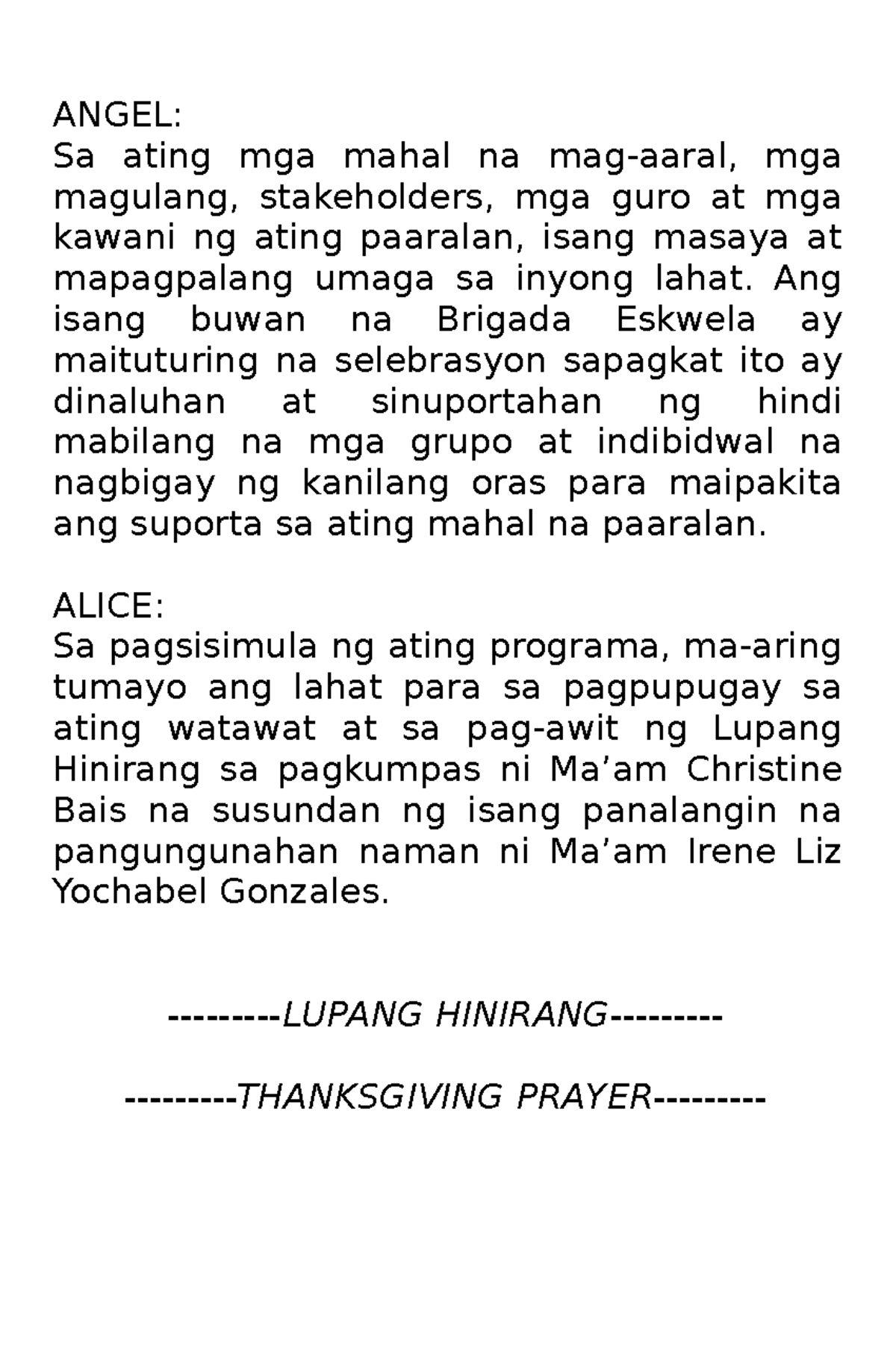 Script Brigada Eskwela Closing-Program 2022 Tagalog - ANGEL: Sa ating