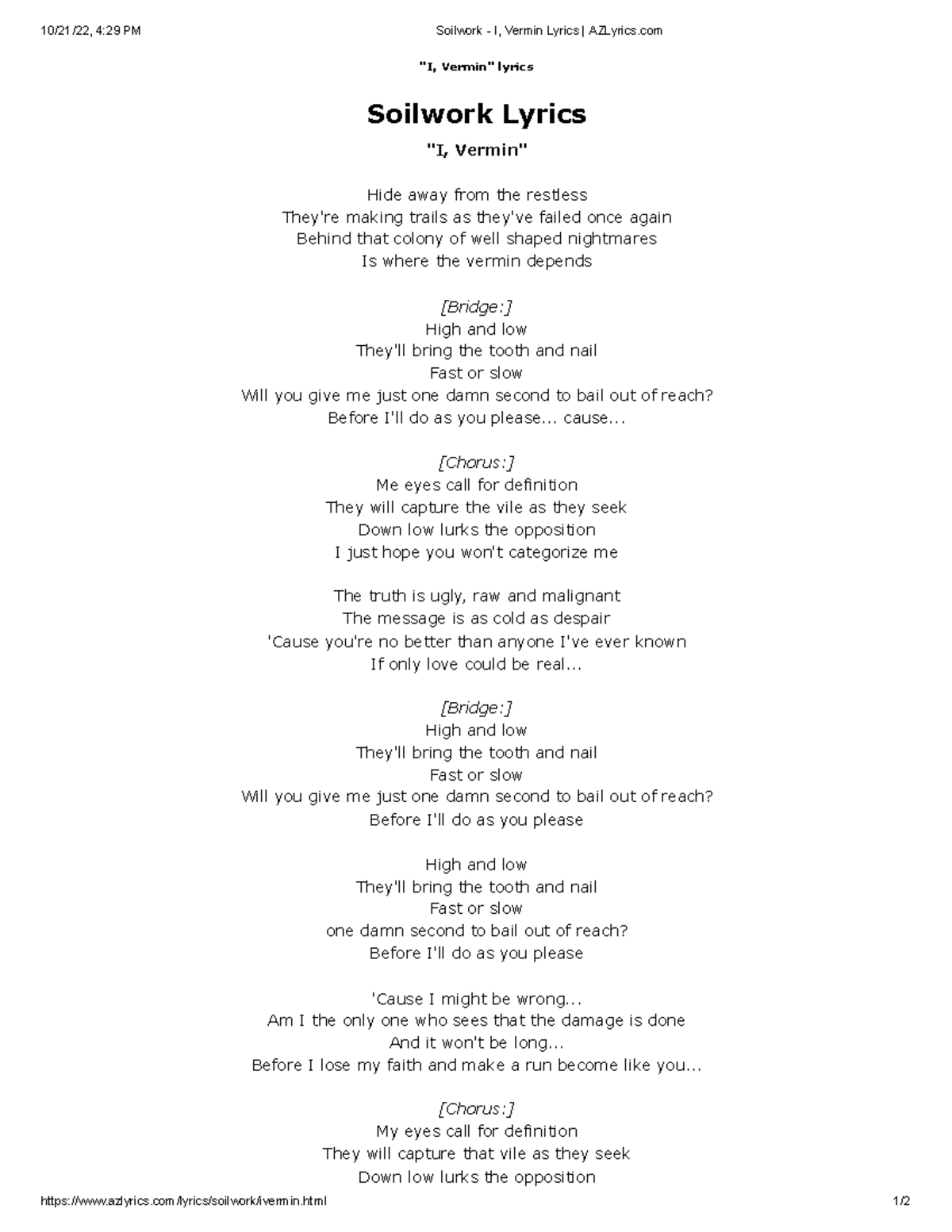 Soilwork - I, Vermin Lyrics AZLyrics - 10/21/22, 4:29 PM Soilwork - I ...