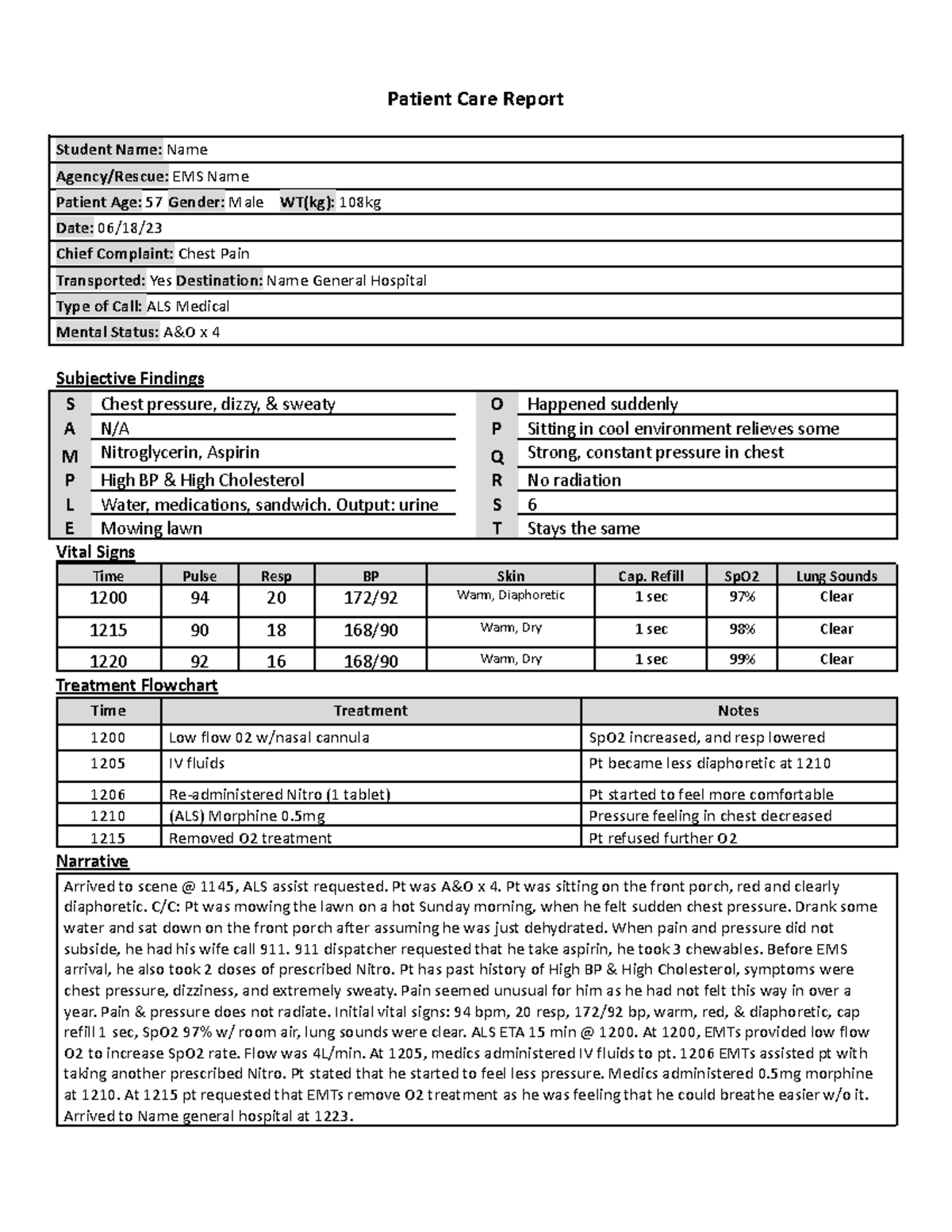 Completed PCR Self Paced Scenario Chest Pain Patient Care Report
