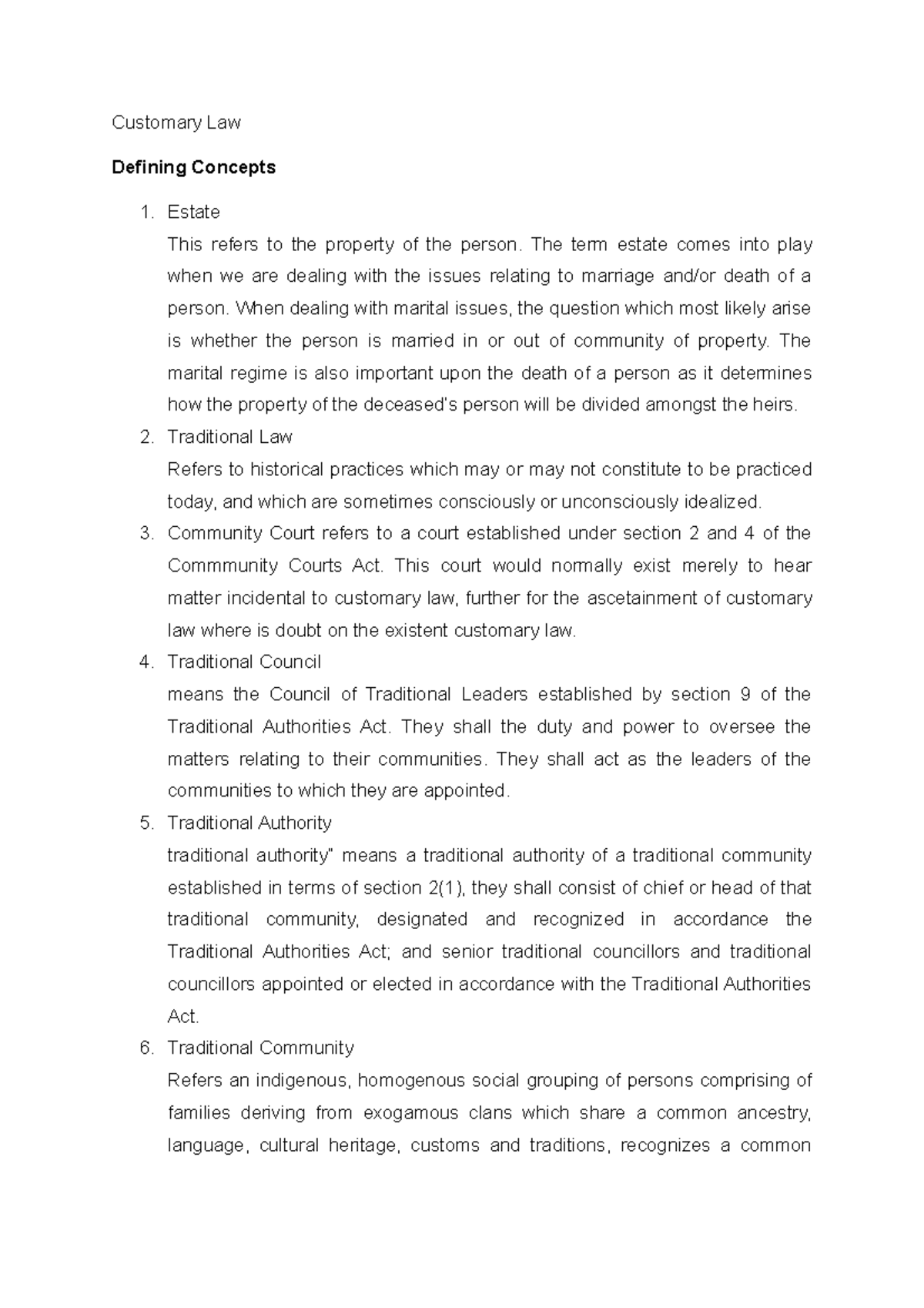 Customary Law Exam Guide Customary Law Defining Concepts Estate This