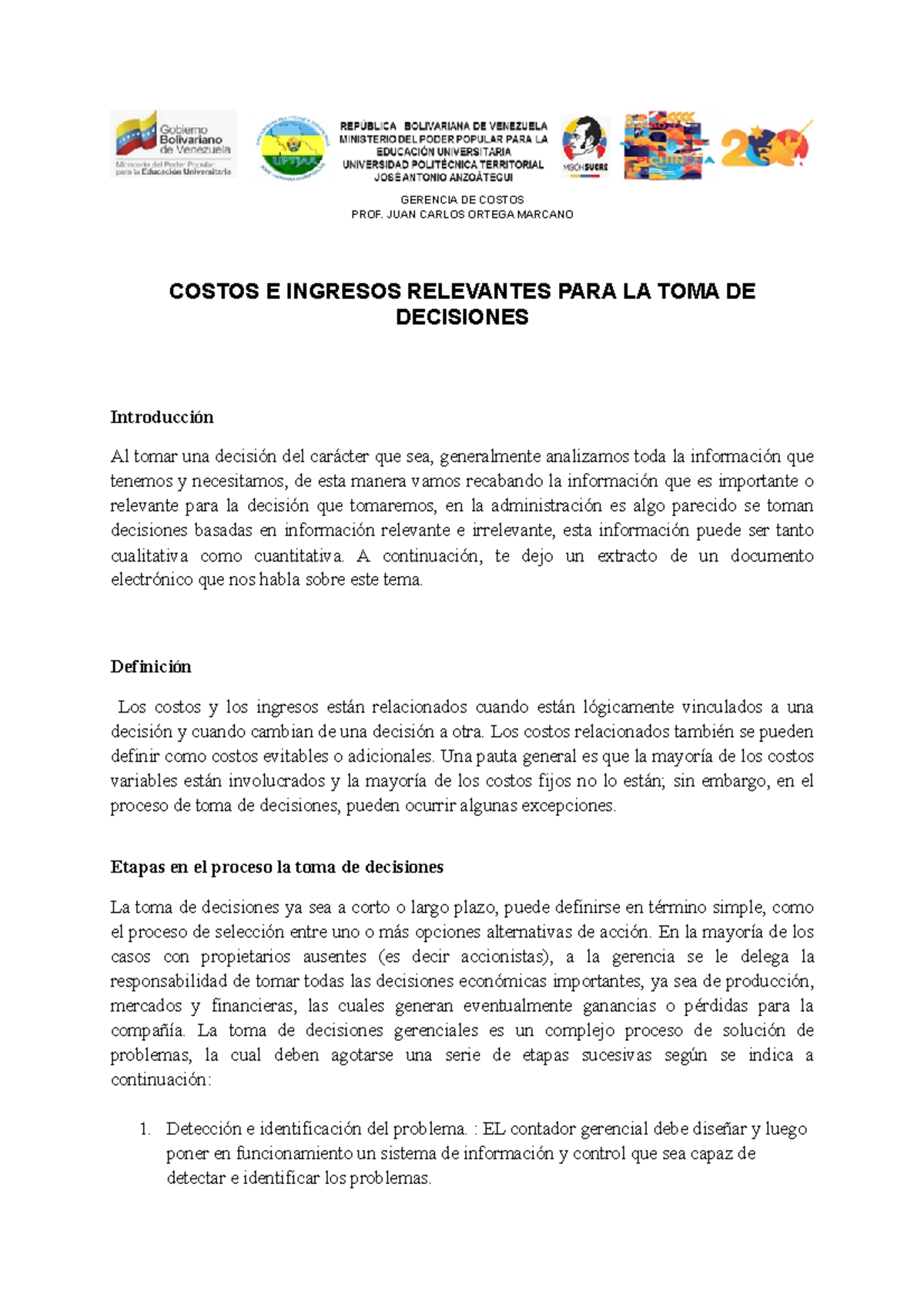 GU A DE Costos Relevantes PARA LA TOMA DE Decisiones GERENCIA DE 