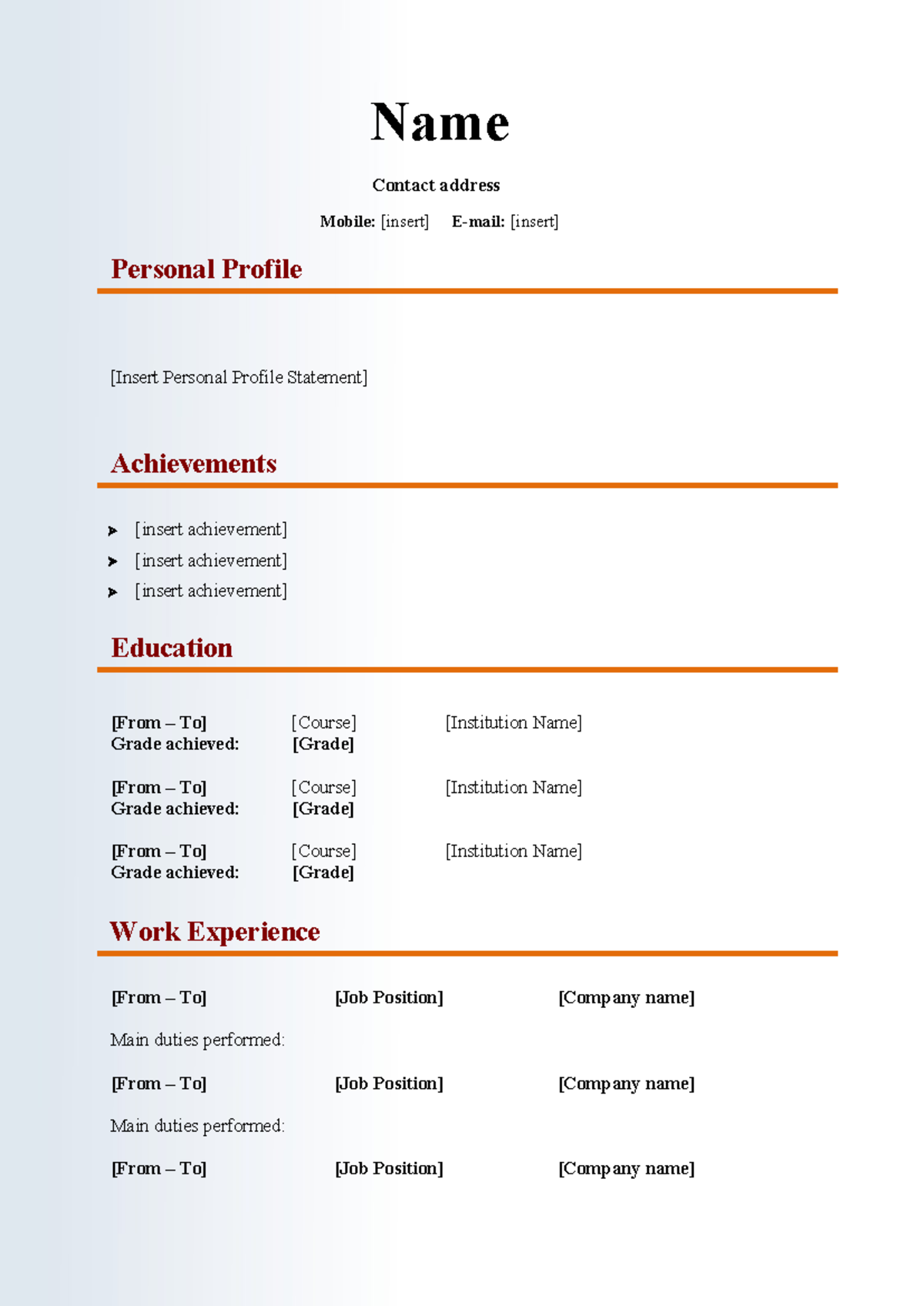 Multimedia Media CV Template 1 - Name Contact address Mobile: [insert ...