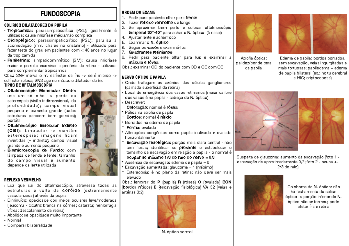 Fundoscopia PDF - FUNDOSCOPIA DILATADORES DA PUPILA Tropicamida ...