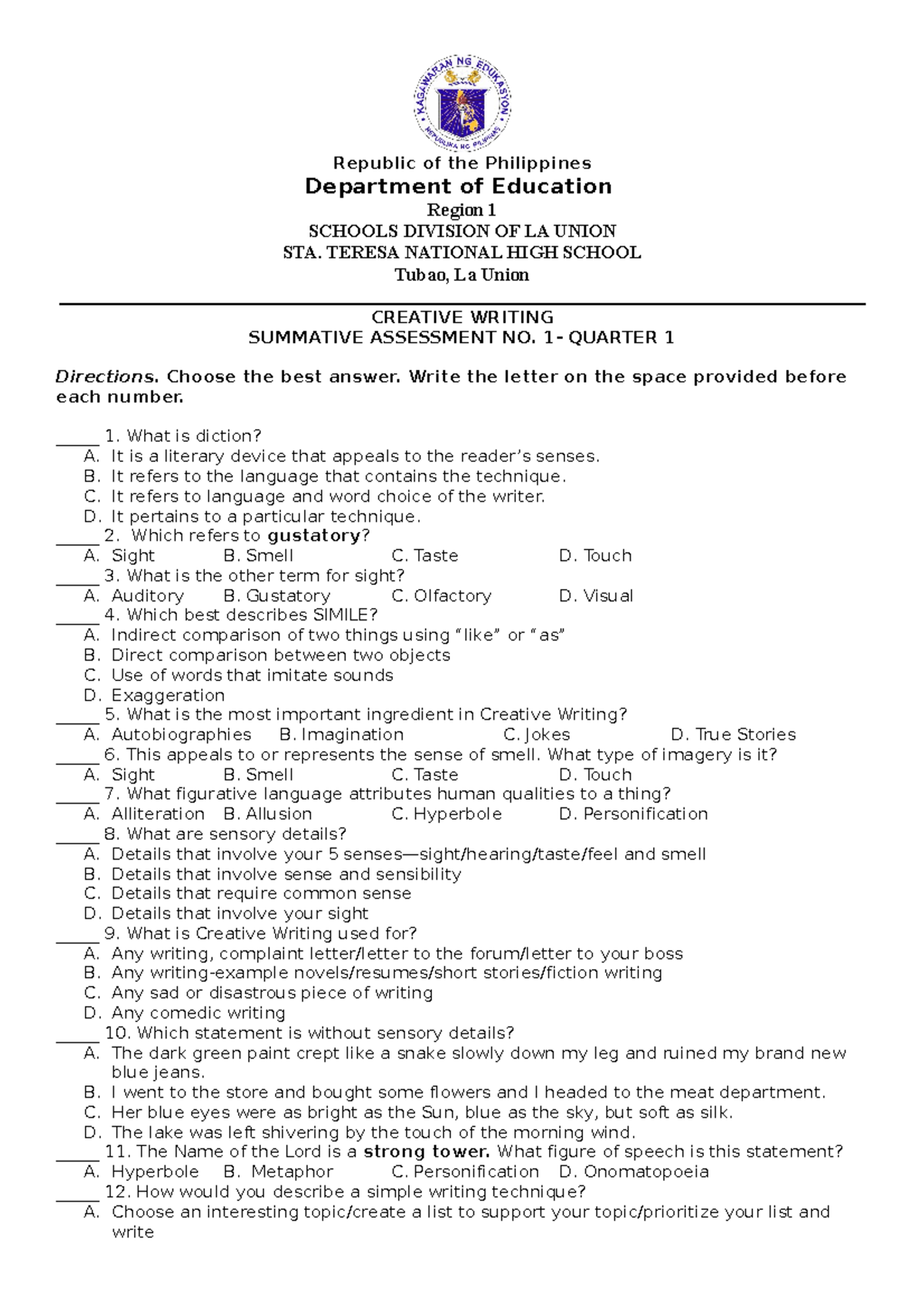 creative writing summative test answer key