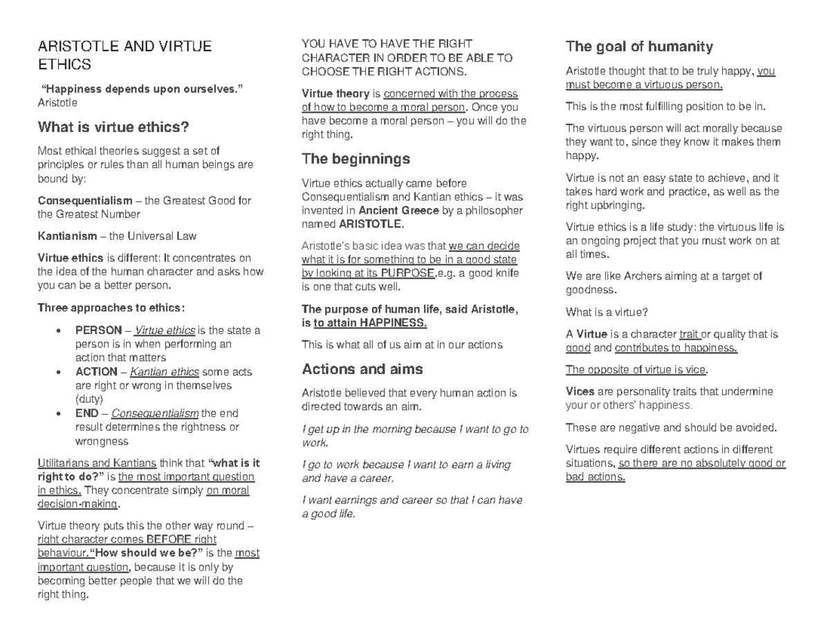 426647735- Ethics- Reviewer - ARISTOTLE AND VIRTUE ETHICS “Happiness ...