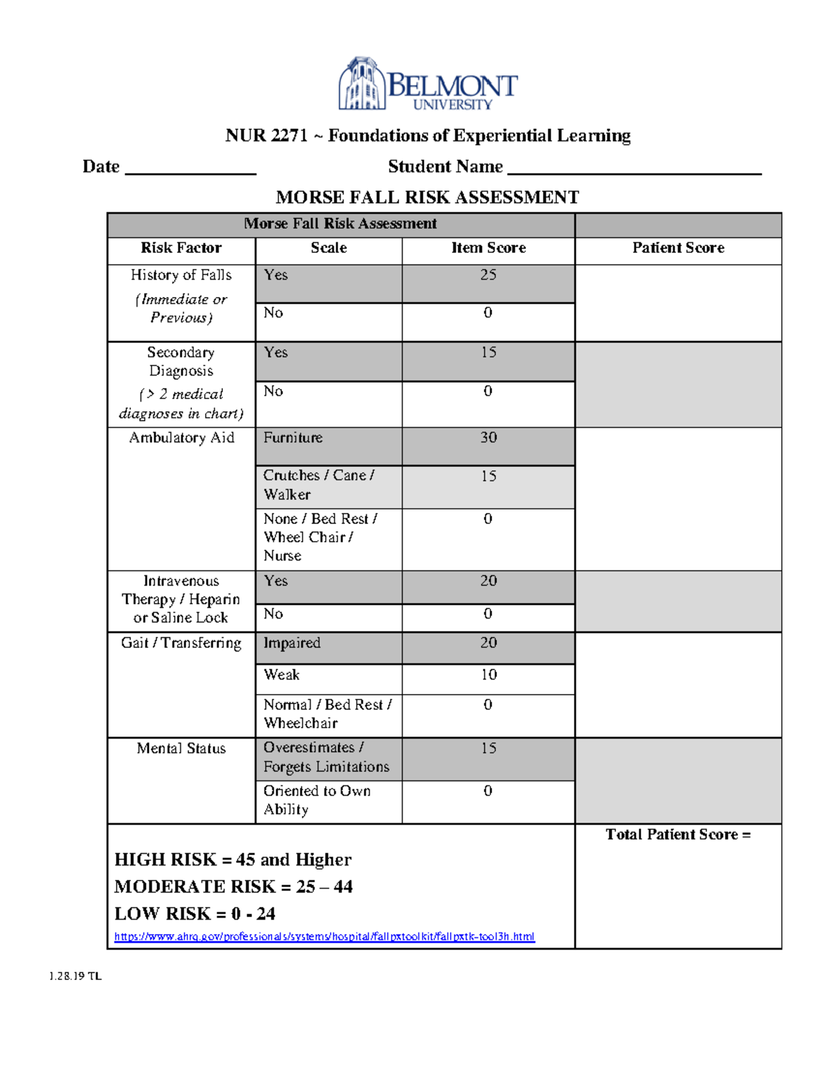 Morse Fall Scale For Nursing Students Fallng - NUR 2271 ~ Foundations ...