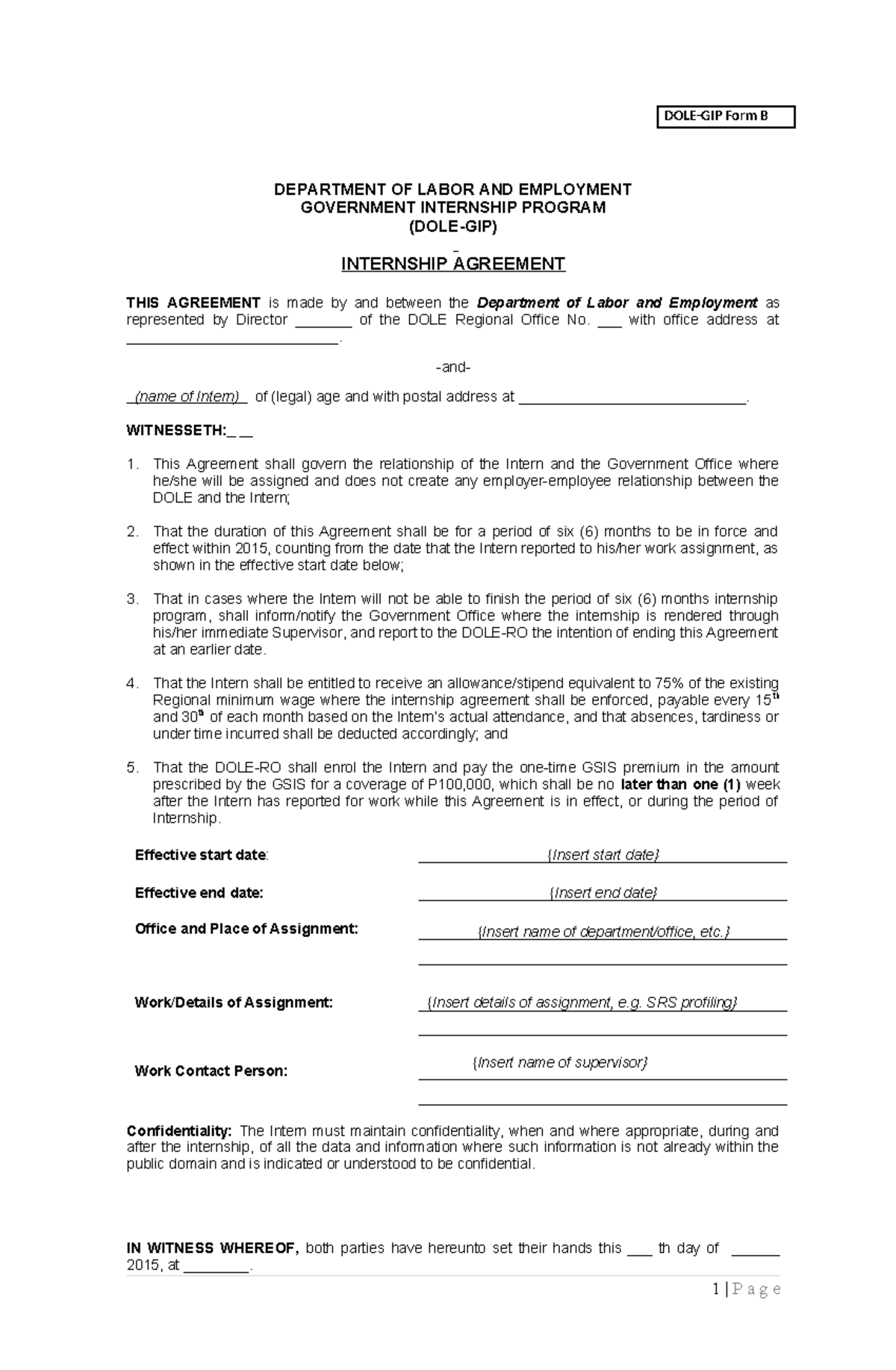 GIP Internship Agreement Form (B) - DEPARTMENT OF LABOR AND EMPLOYMENT ...