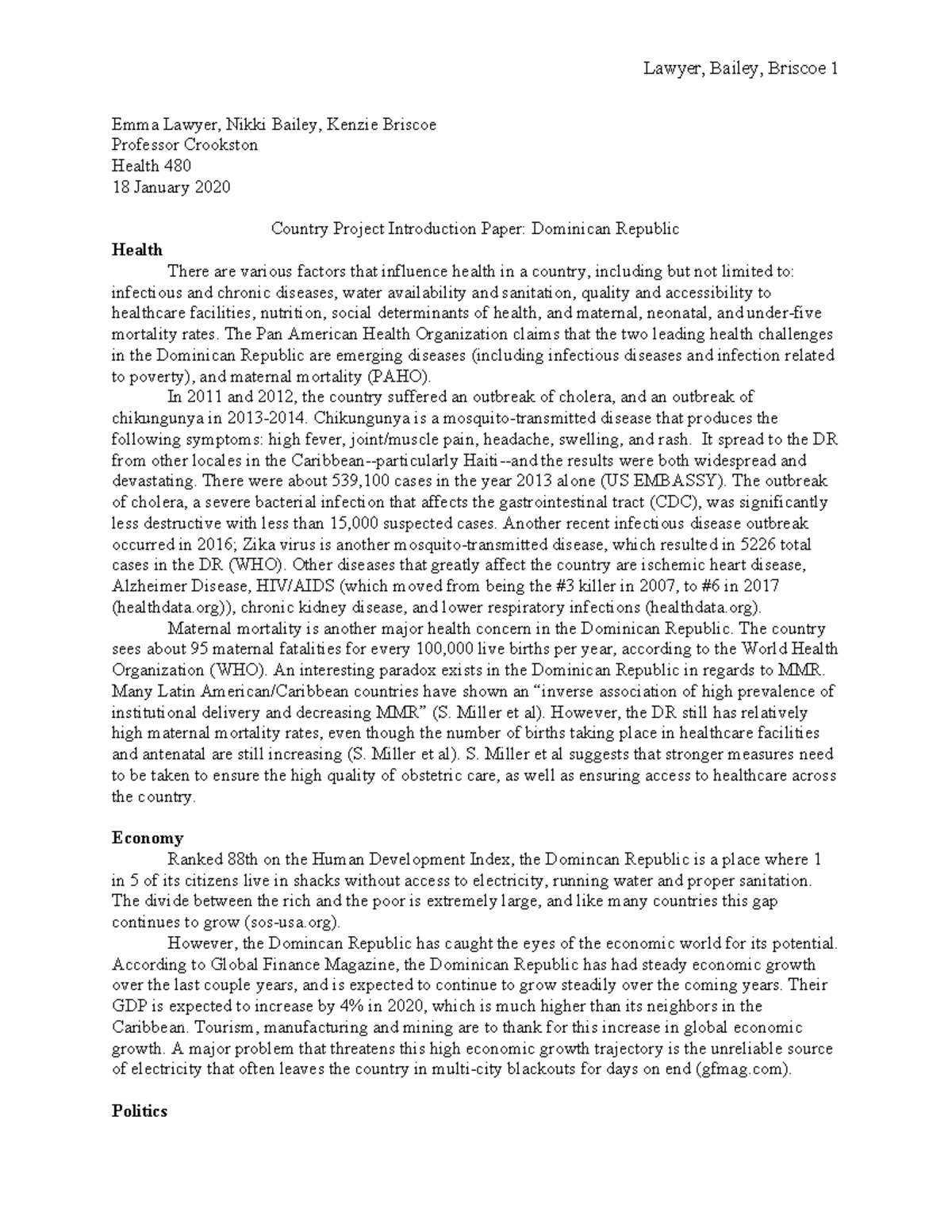 Dominican Republic Paper Emma Lawyer, Nikki Bailey, Kenzie Briscoe