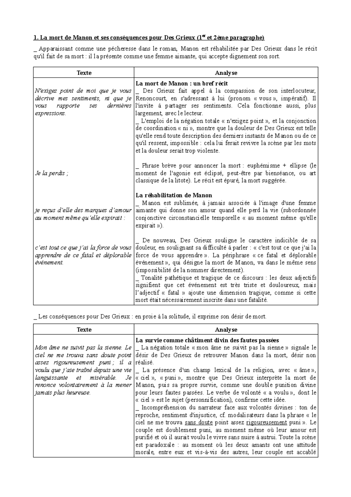 Lecture lineaire n4 Manon Lescaut Lenterrement - La mort de Manon et ...