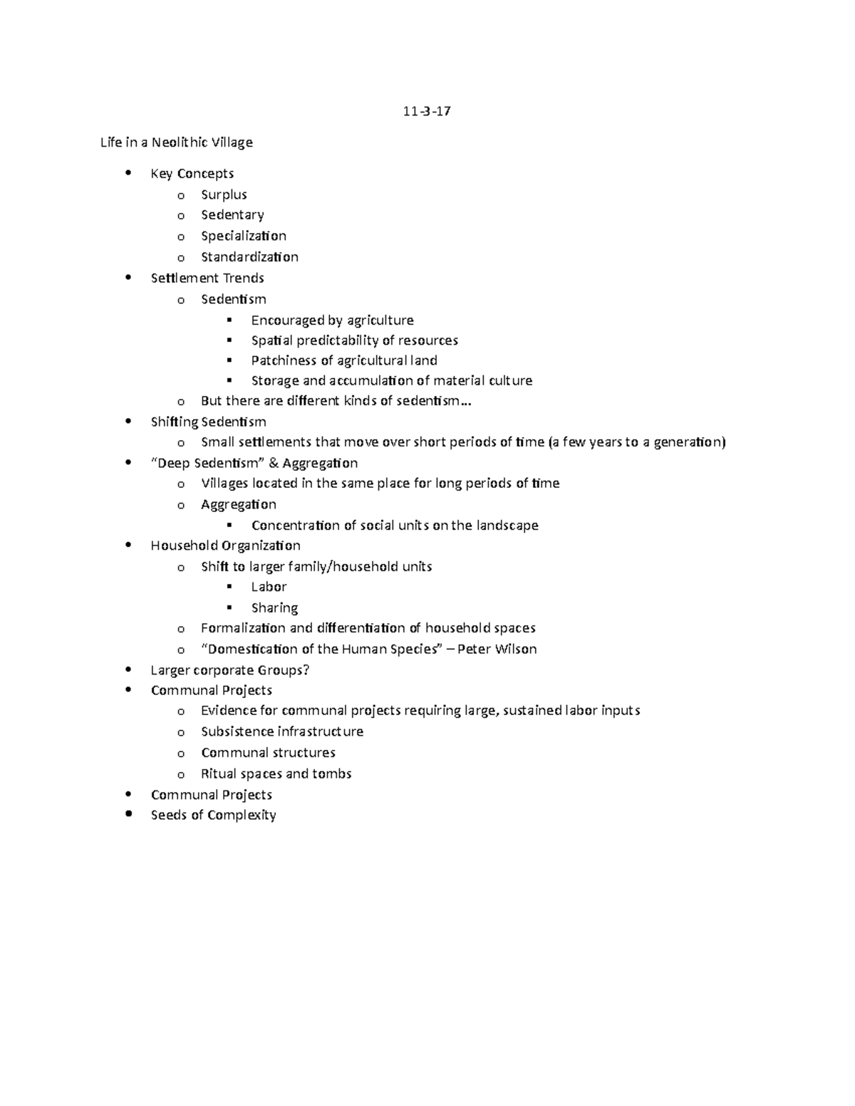 Lecture 11-3-17 Notes - 11-3-17 Life in a Neolithic Village Key ...