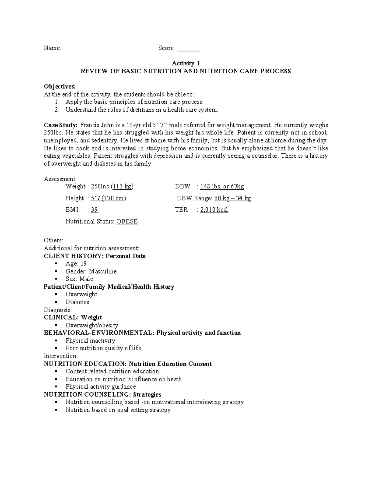 Review OF Basic Nutrition AND Nutrition CARE Process Name Score