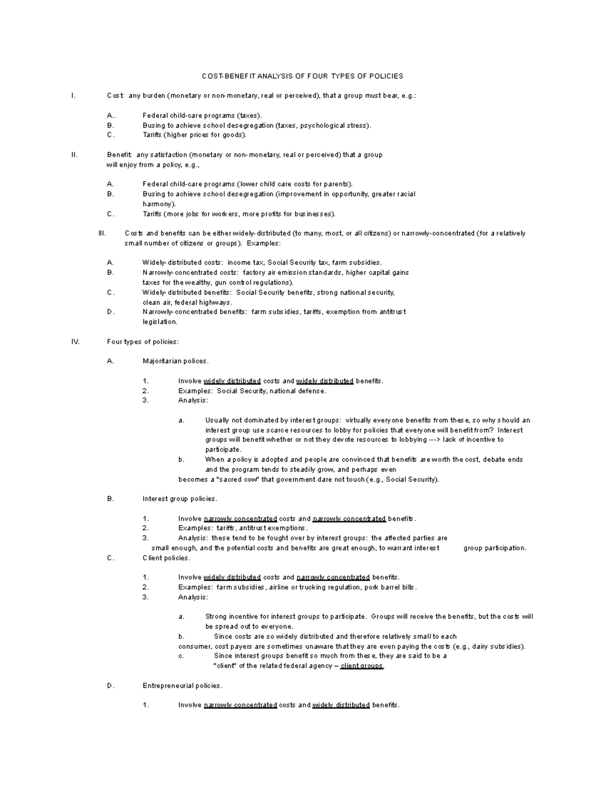 Public policy notes - COST-BENEFIT ANALYSIS OF FOUR TYPES OF POLICIES I ...