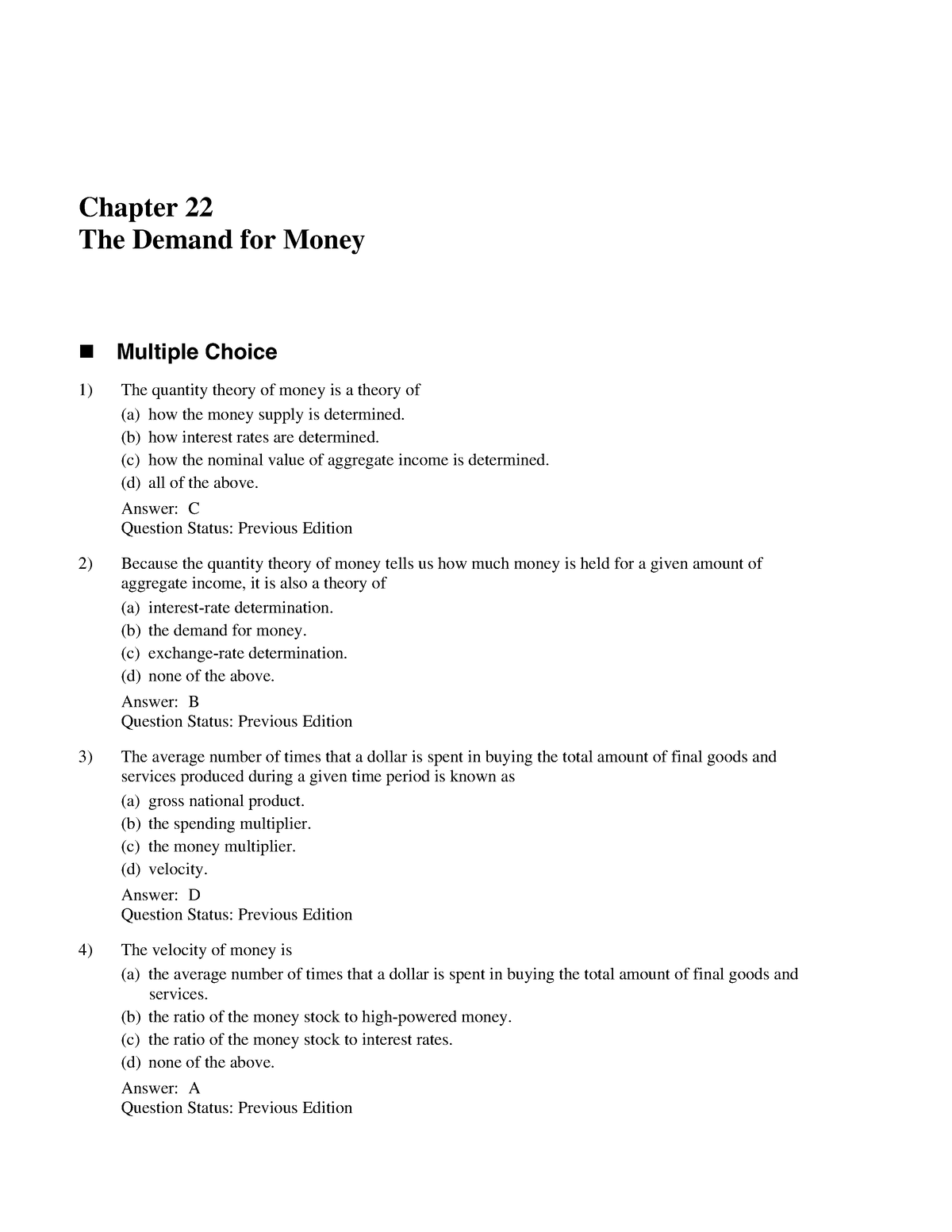 Tb22 - Testbank - Chapter 22 The Demand For Money Multiple Choice The ...