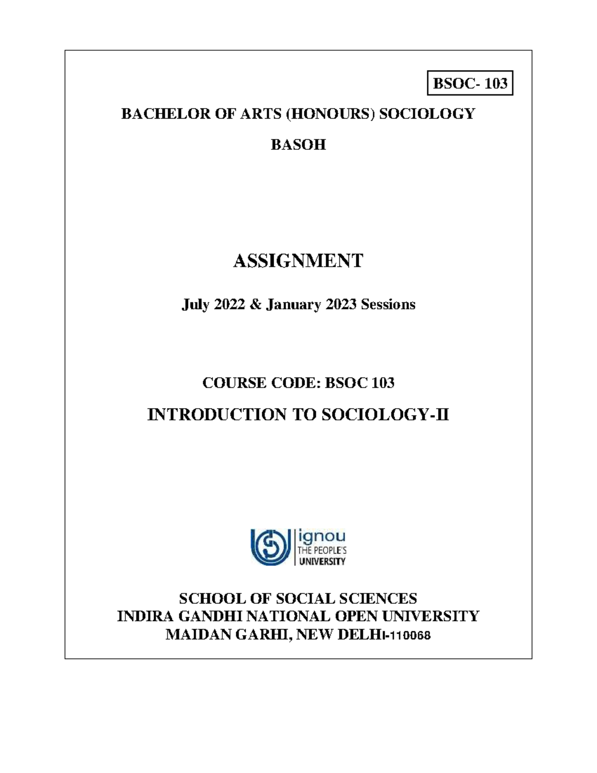 BSOC 103 - 2022-23 - English - BSOC- 103 BACHELOR OF ARTS (HONOURS ...