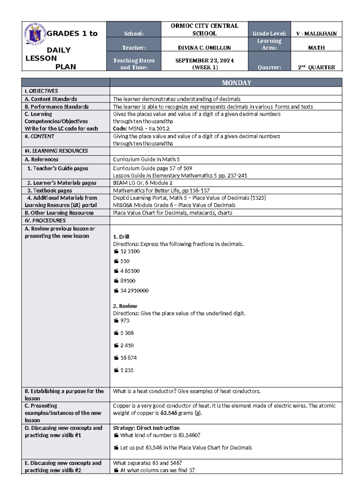DLL MATH 5 Q2 W1-D1 - mathematics for daily use - GRADES 1 to 12 DAILY ...