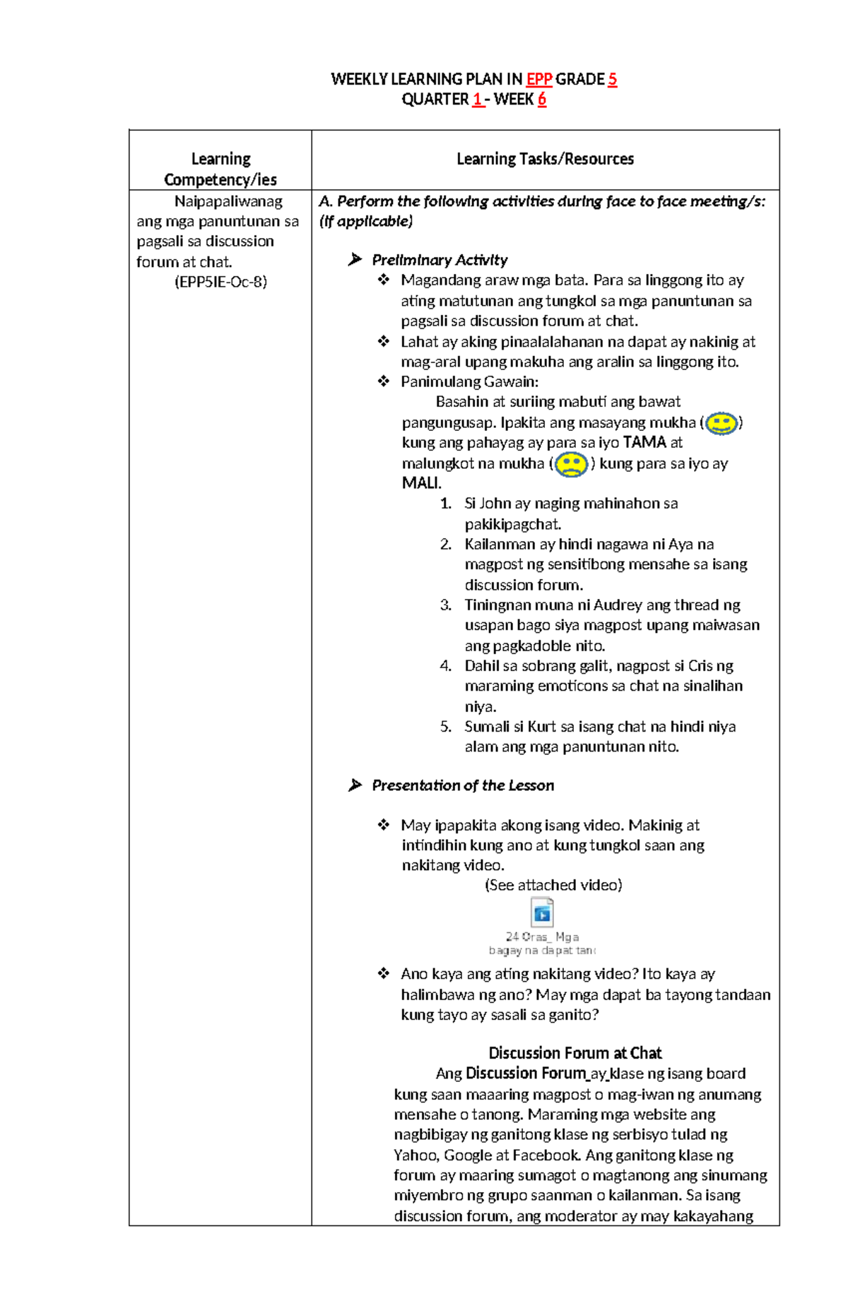 Wlp In Epp 5 Q1 Week 6 Weekly Learning Plan Weekly Learning Plan In Epp Grade 5 Quarter 1 4216