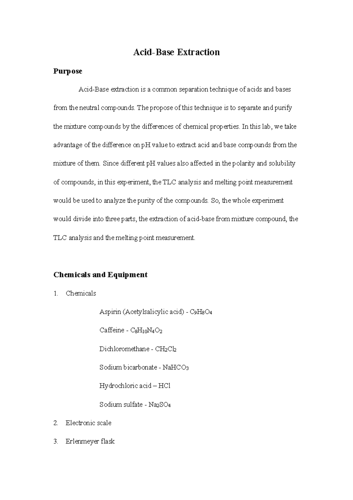 Lab Report AcidBase Extraction AcidBase Extraction Purpose Acid