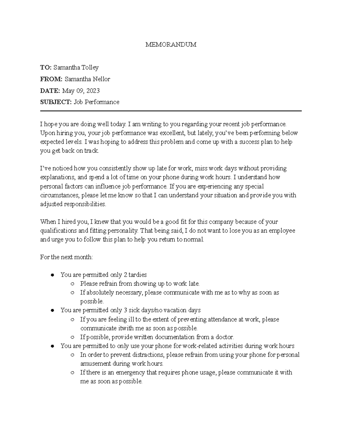 Correspondence Case (final exam) MEMORANDUM TO Samantha Tolley FROM