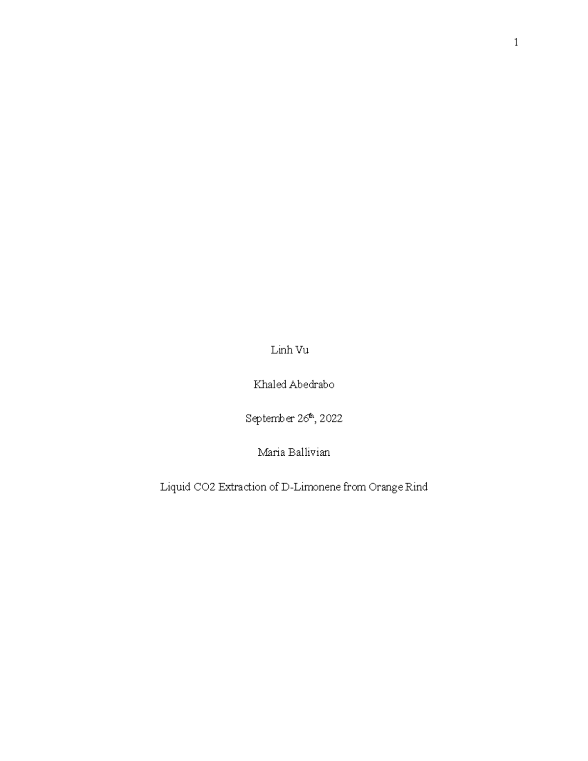 PostLab Report 4 Experiment 4 Liquid CO2 Extraction of DLimonene
