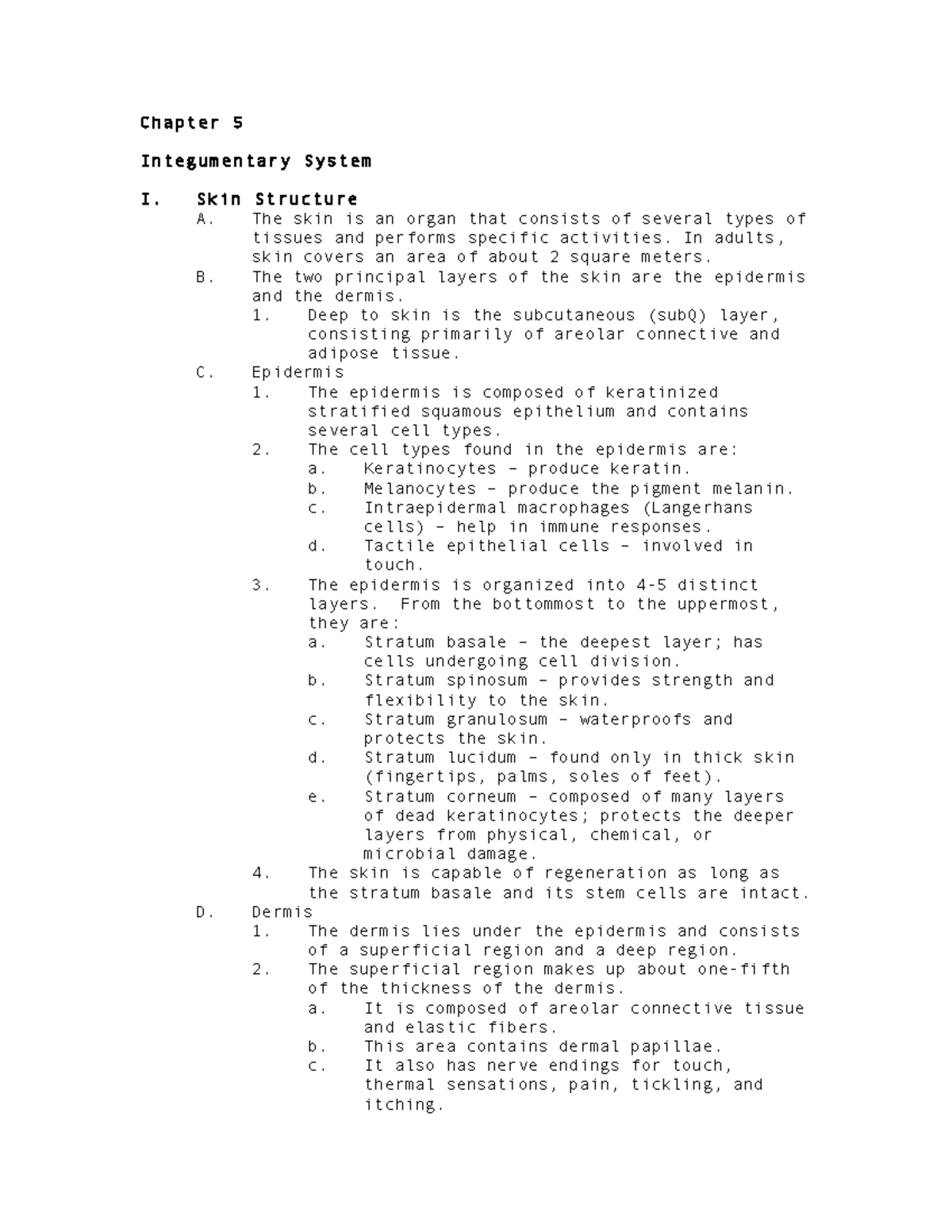 Integumentary System (Lecture Outline) - Chapter 5 Integumentary System ...