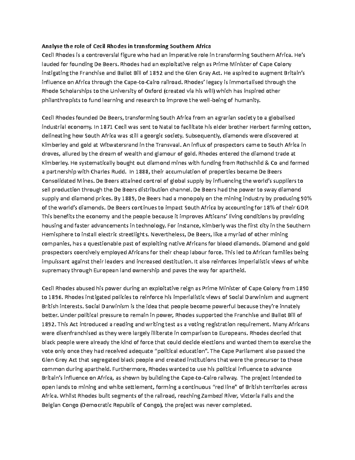 History essay Cecil Rhodes - Analyse the role of Cecil Rhodes in ...