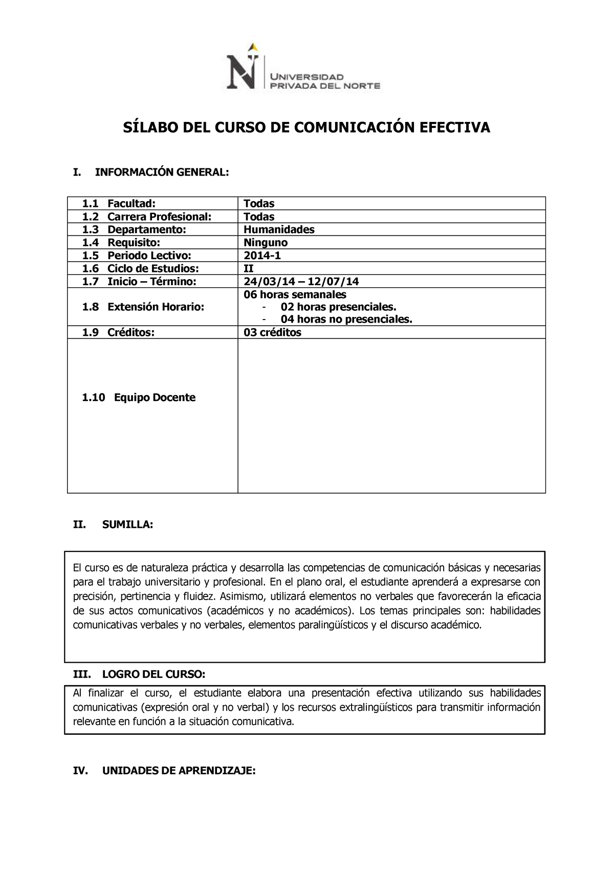 HUM Comunicacion- Efectiva 2014 1 - SÕLABO DEL CURSO DE COMUNICACI”N ...