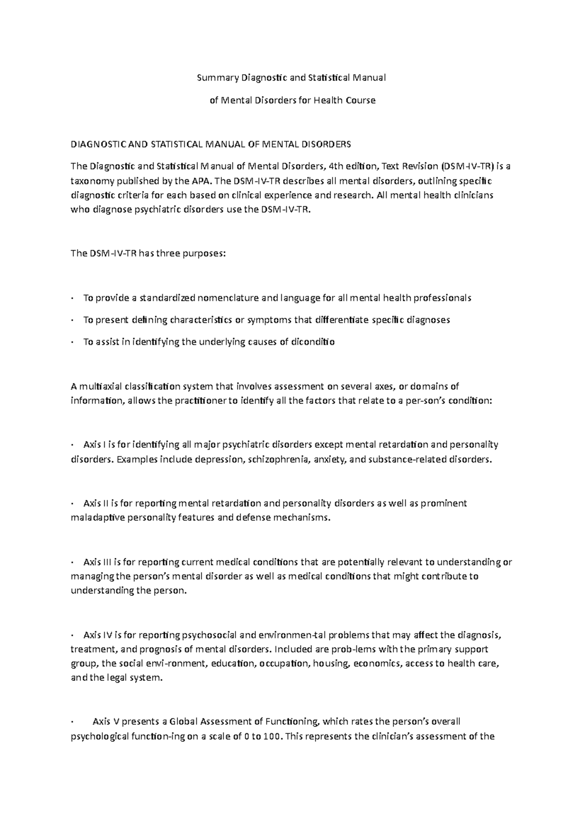 Summary Diagnostic and Statistical Manual of Mental Disorders for ...