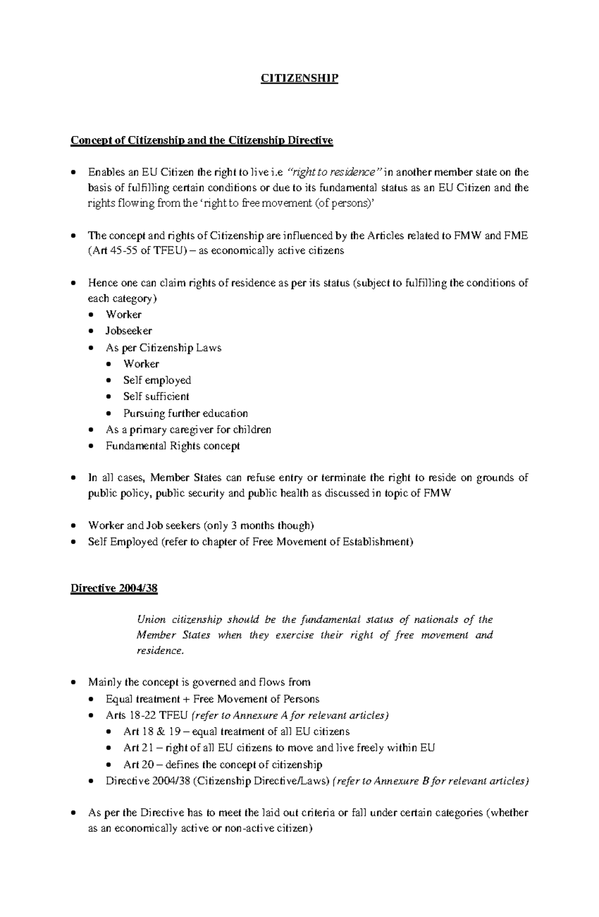 Notes - Citizenship - Summary European Union Law - CITIZENSHIP Concept ...