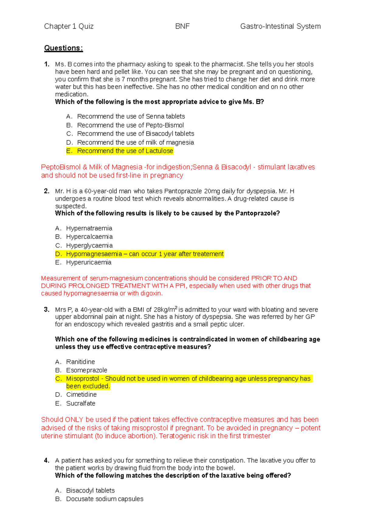 1. GI Quiz - GI Quiz - Chapter 1 Quiz BNF Gastro-Intestinal System ...