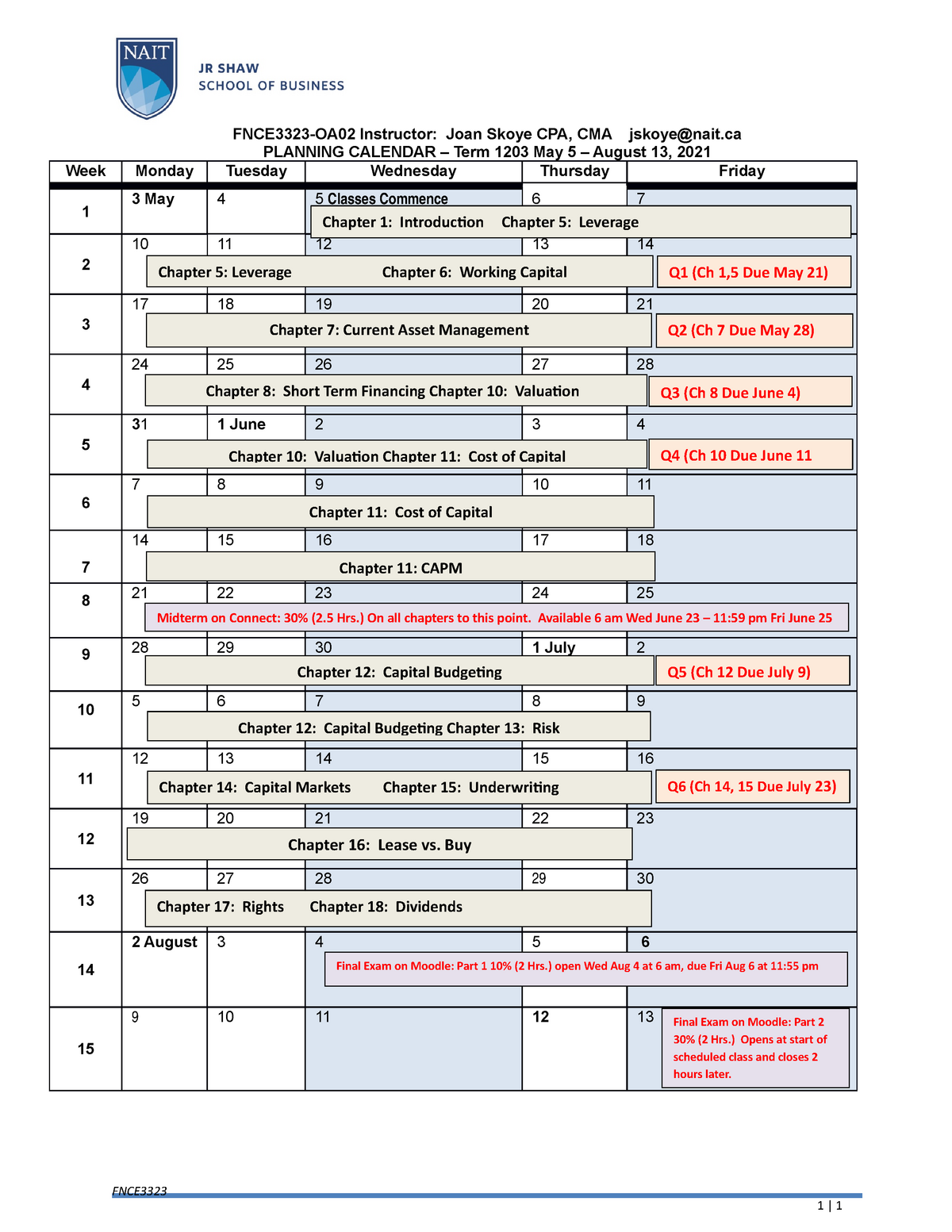 FNCE3323-OA02 Spring Summer 2021 Planner - Week Monday TuesdayFNCE3323 ...