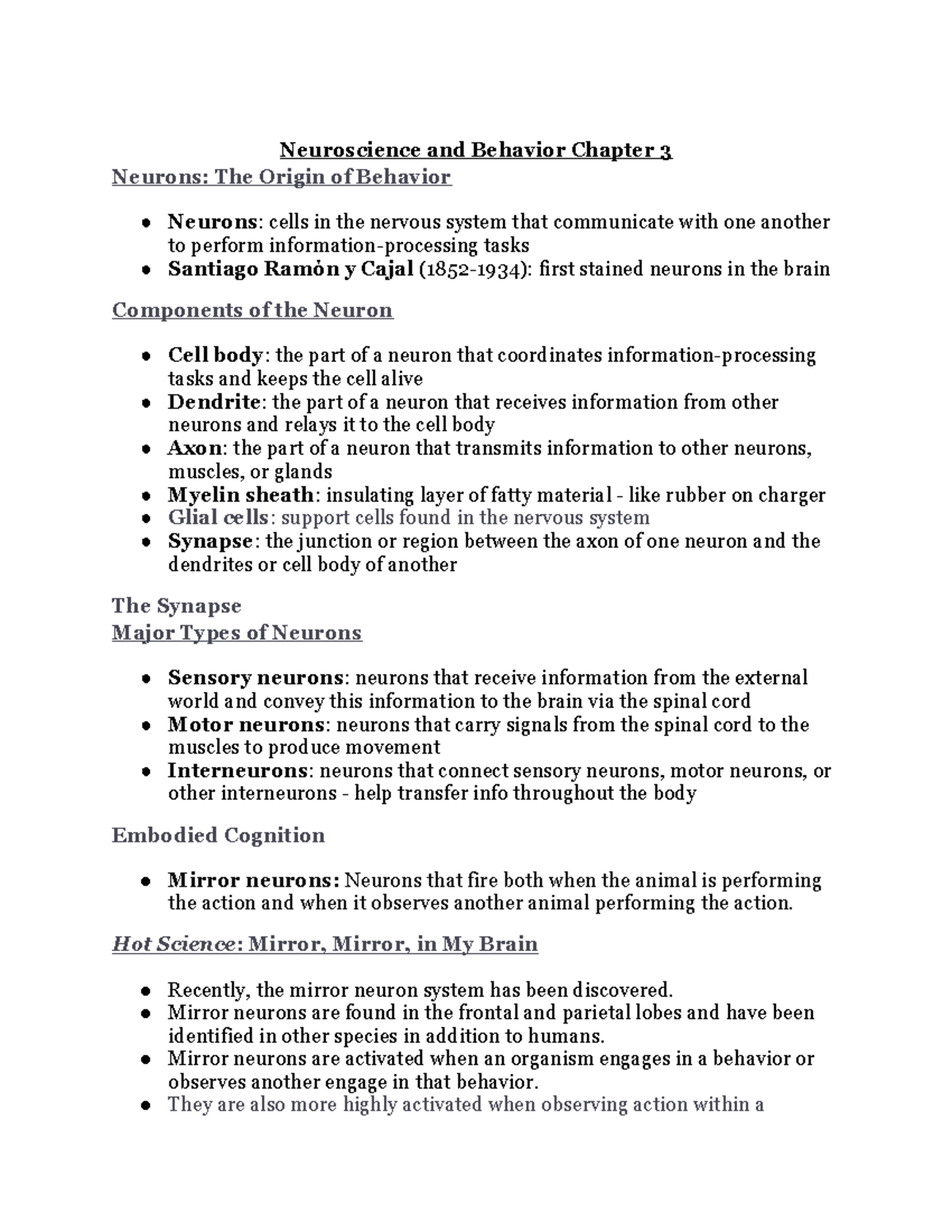 PSY 0010 Chapter 3 Notes - Neuroscience and Behavior Chapter 3 Neurons ...