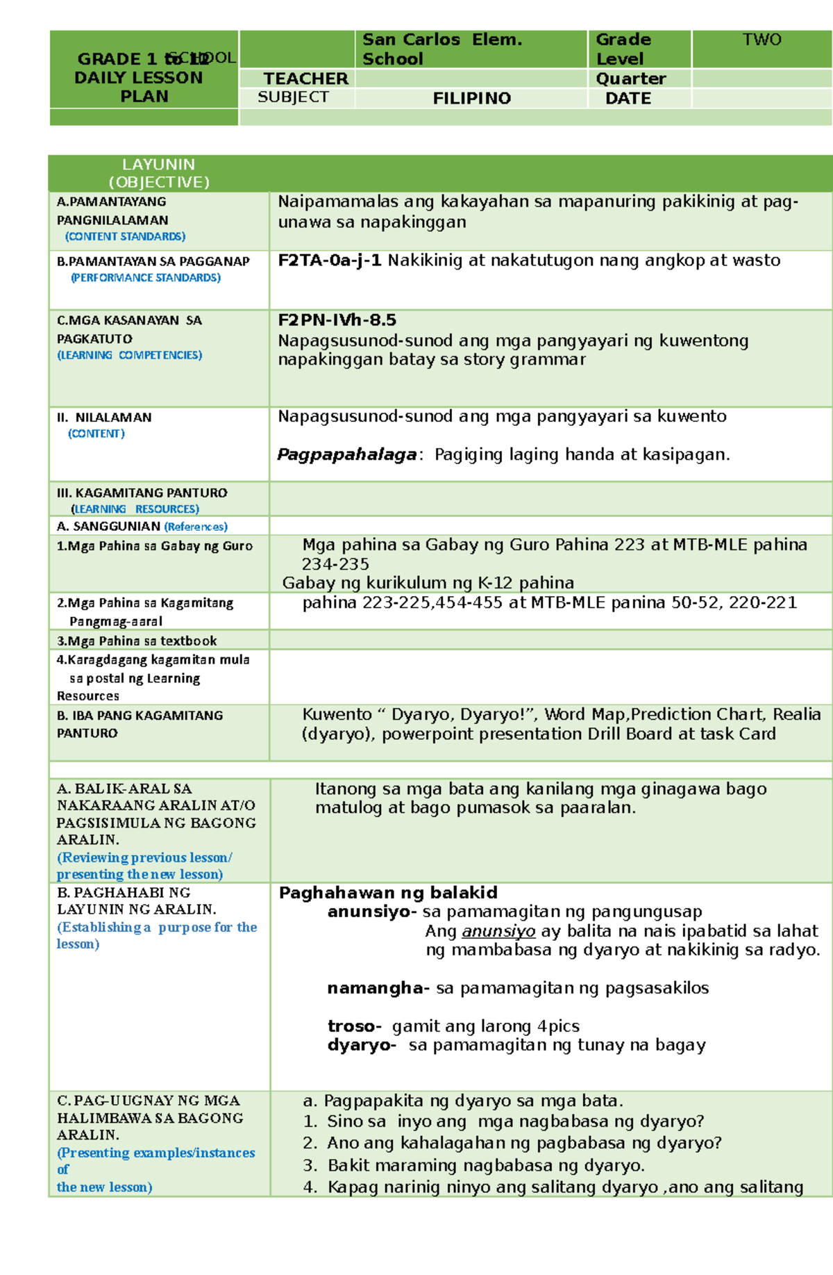Filipino-COT - none - GRADE 1 to 12 DAILY LESSON PLAN SCHOOL San Carlos ...