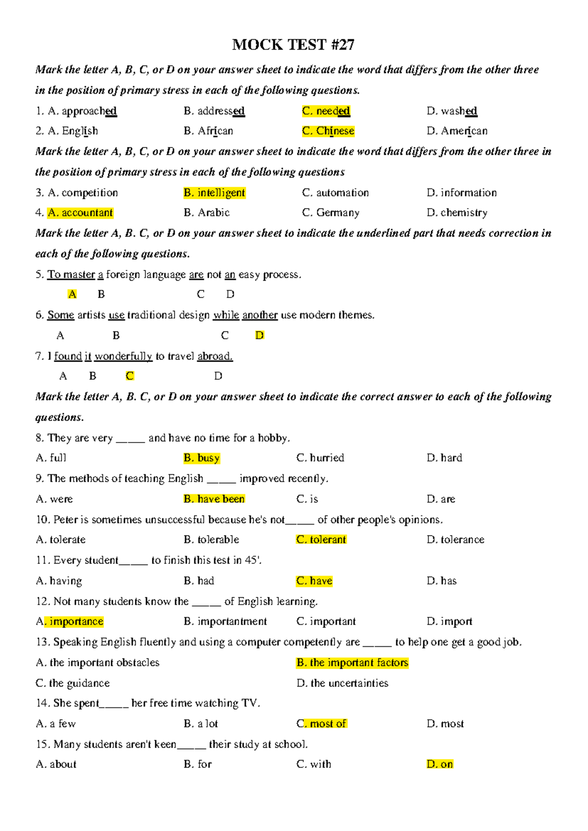 MOCK TEST 27 - Đề kiểm tra TA - MOCK TEST Mark the letter A, B, C, or D ...