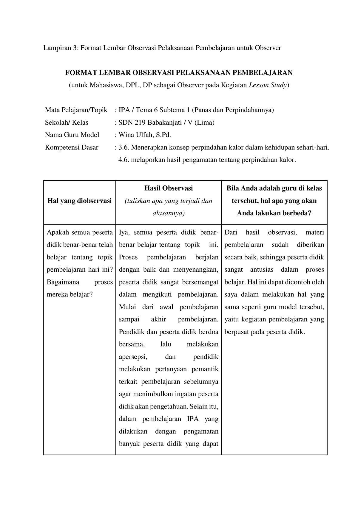 Lampiran 3 - Lembar Observasi Pelaksanaan Pembelajaran Untuk Observer ...