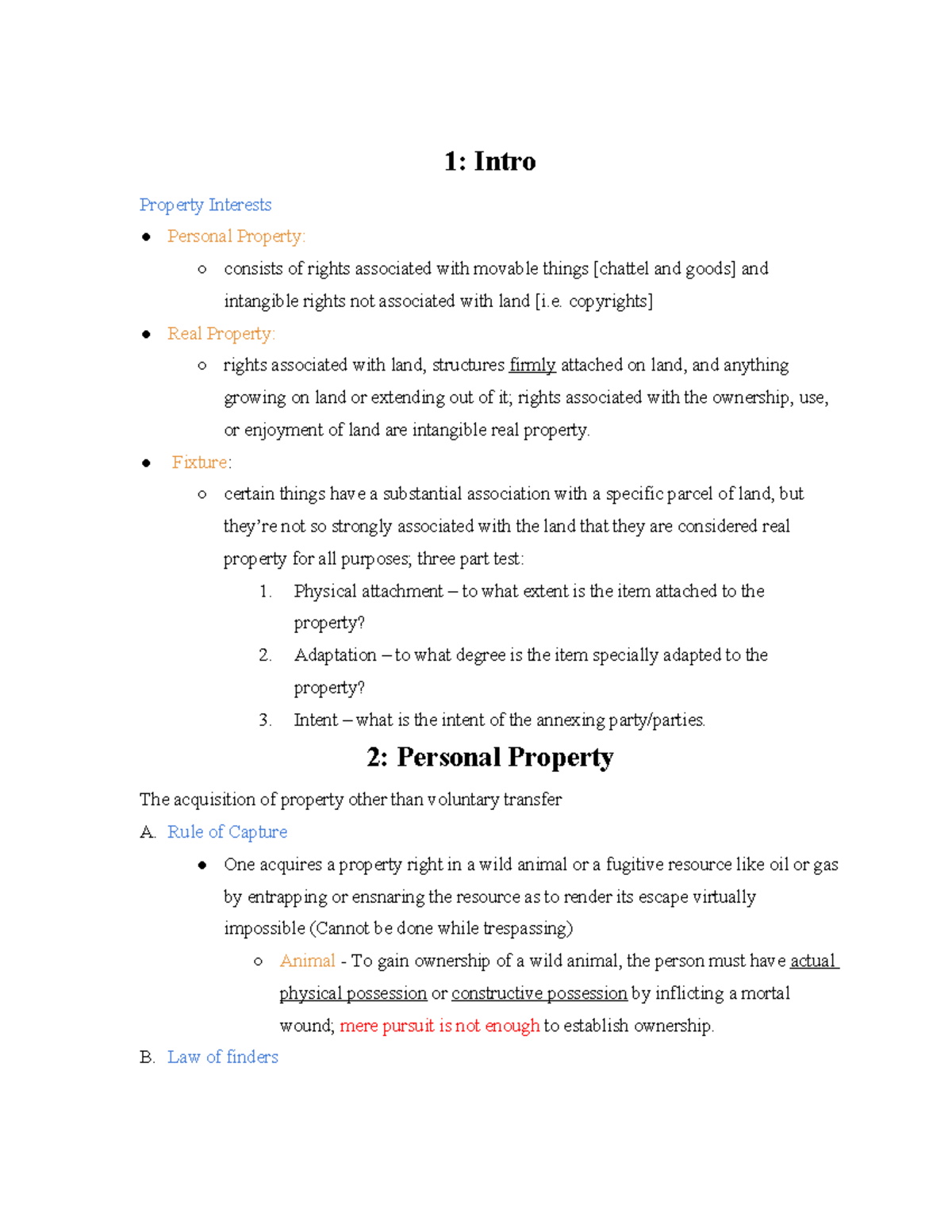 Barbri Notes - property outline - 1: Intro Property Interests Personal ...