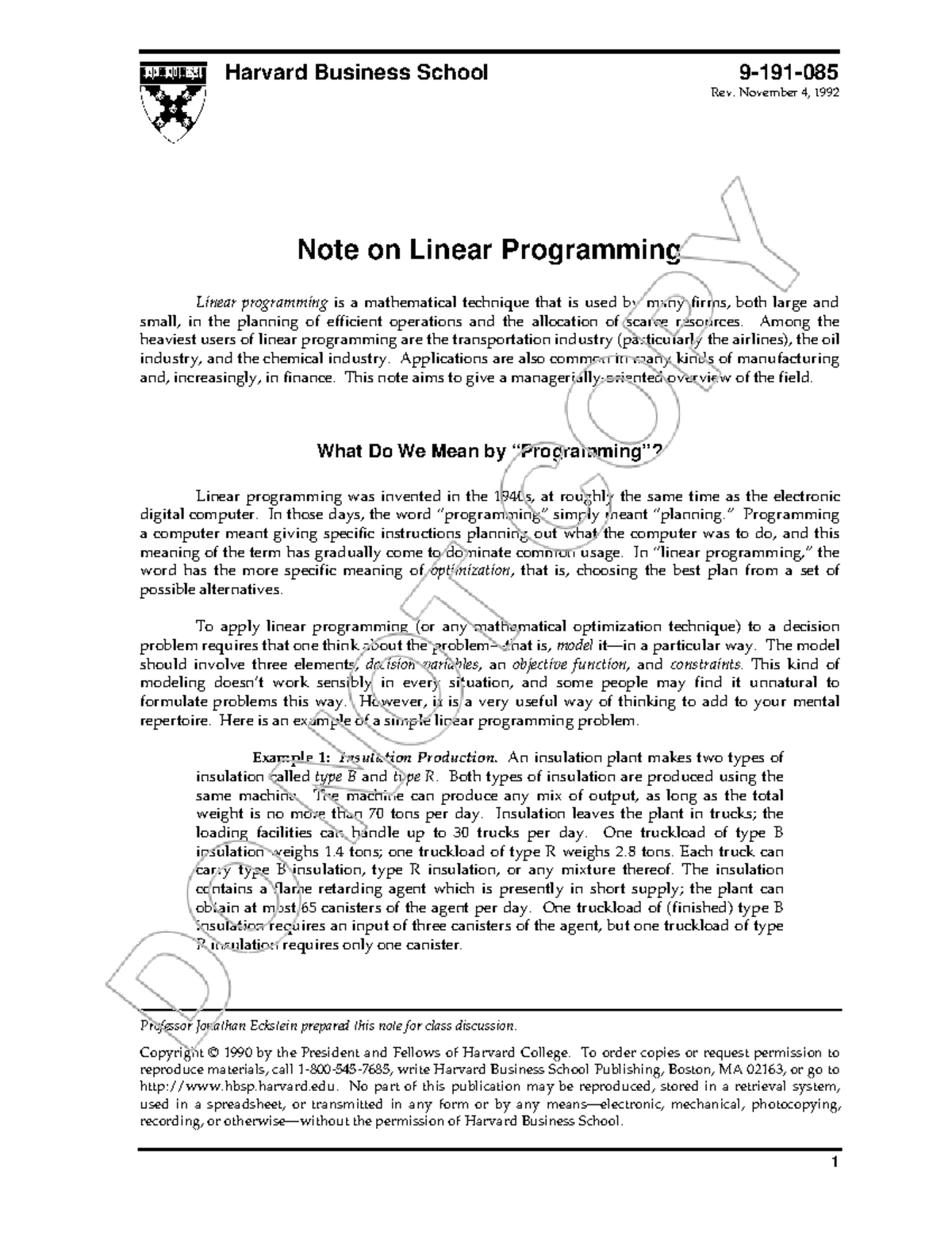 Note on Linear Programming - Harvard Business School 9-191- Rev ...