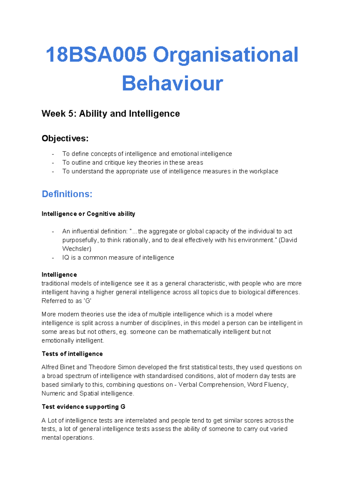 Ability and Intelligence - 18BSA005 Organisational Behaviour Week 5 ...