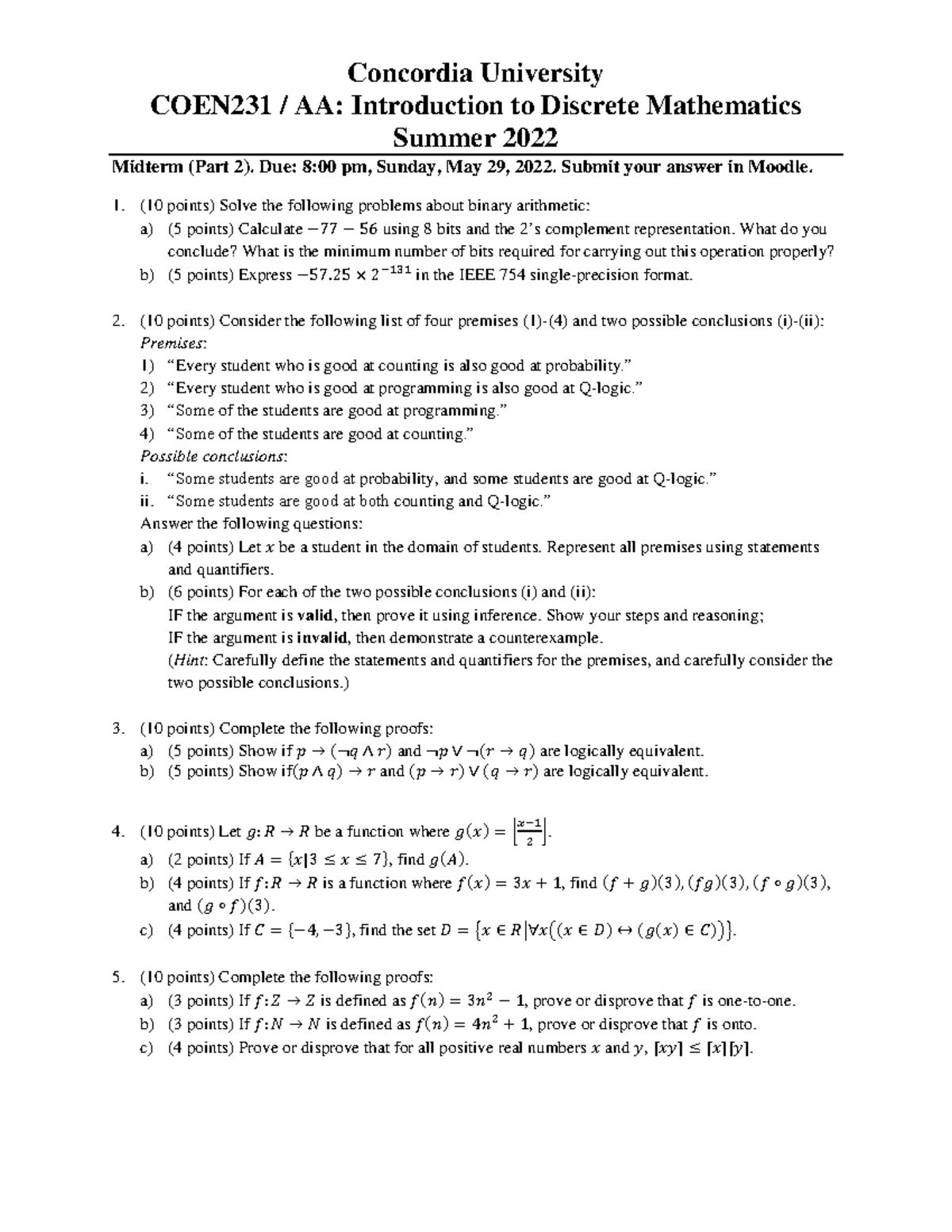 COEN231 AA - Midterm - Part 2 - Concordia University COEN231 / AA ...