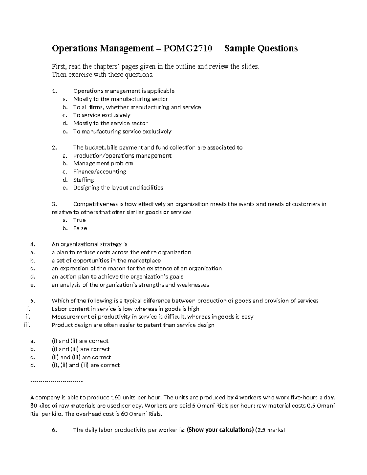 Operations Management Sample Questions(1,23) - Operations Management ...