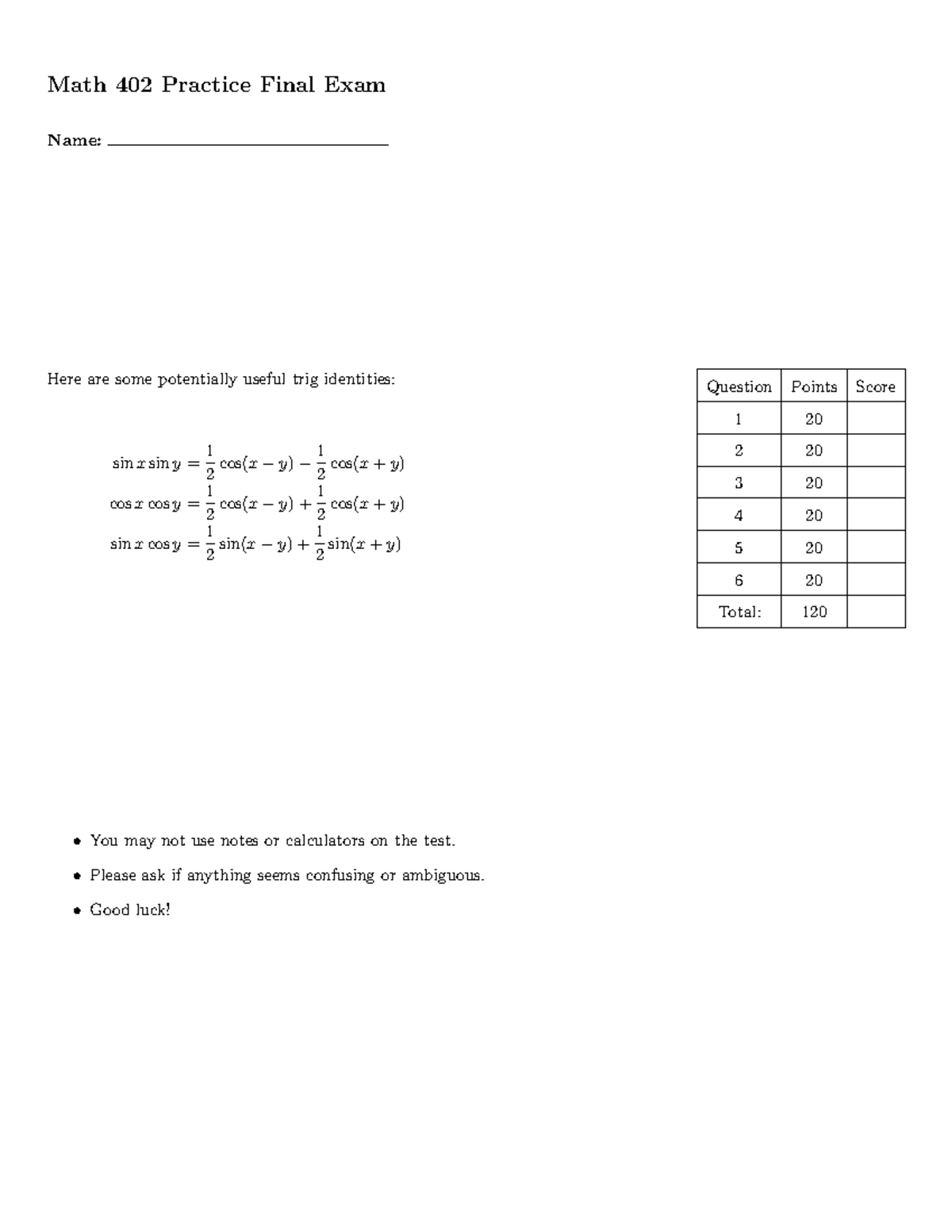 Final-practice - practice final exam - Math 402 Practice Final Exam ...