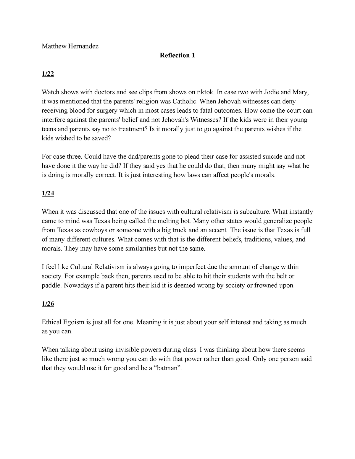 Phili 111 Refection 1 - week 1 class reflection - Matthew Hernandez ...