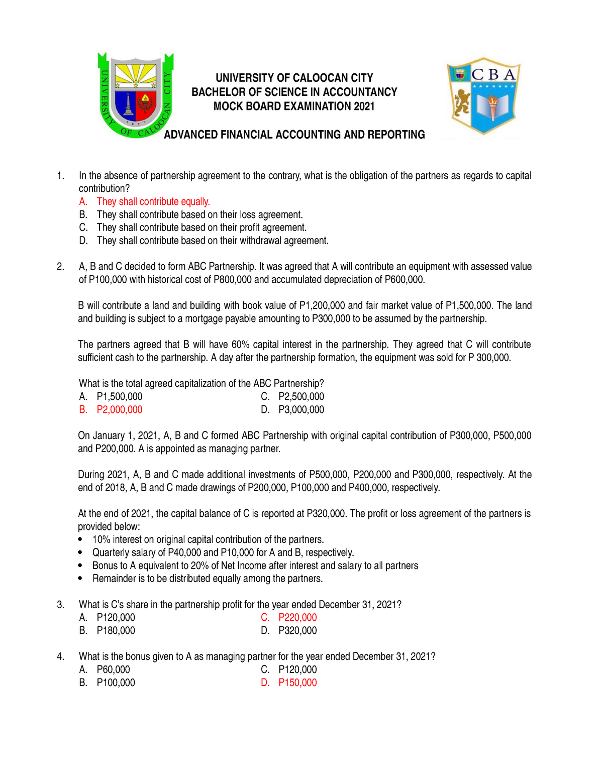 UCC Mock Board Exam 2021 AFAR 70 - UNIVERSITY OF CALOOCAN CITY BACHELOR ...