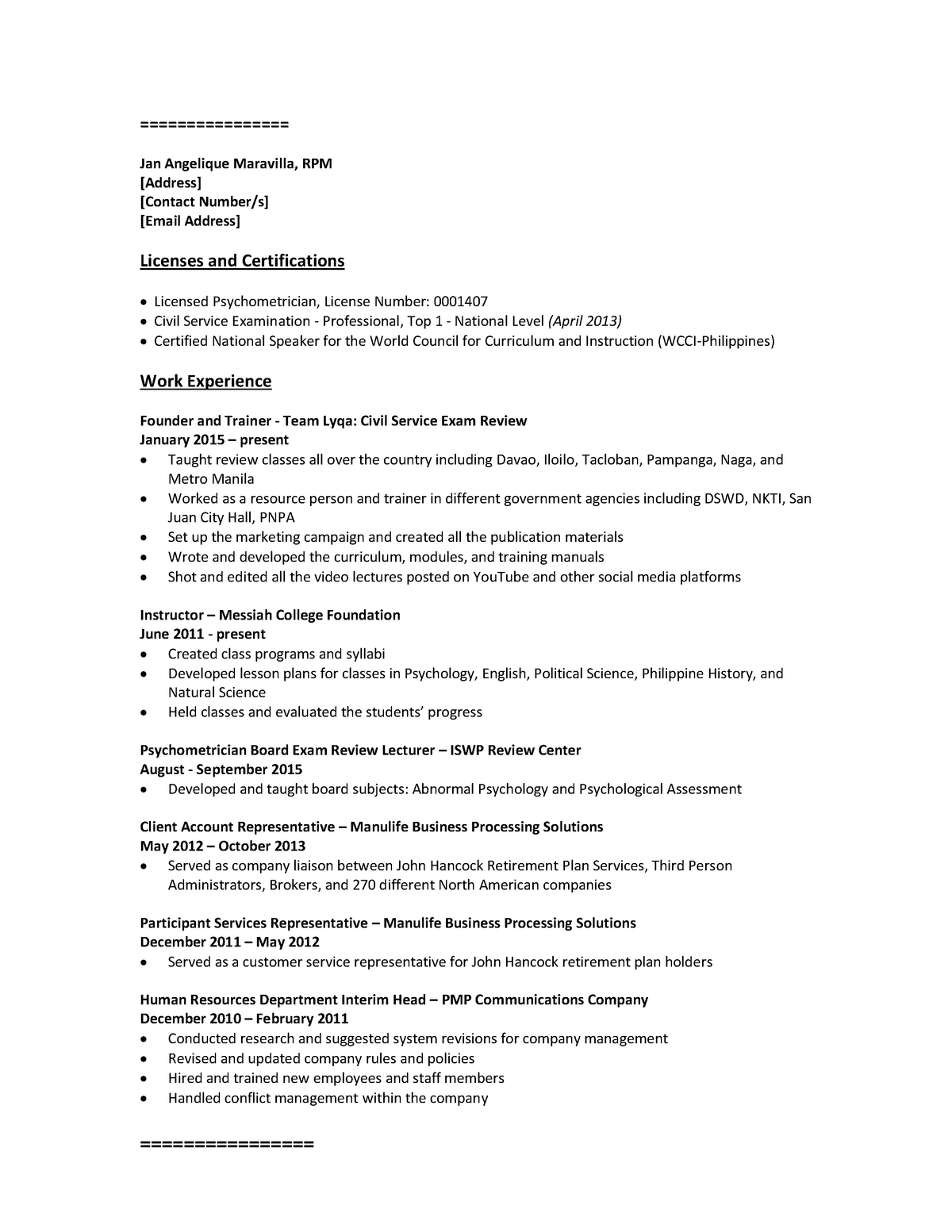 Chronological-Resume - ================ ================ Jan Angelique ...