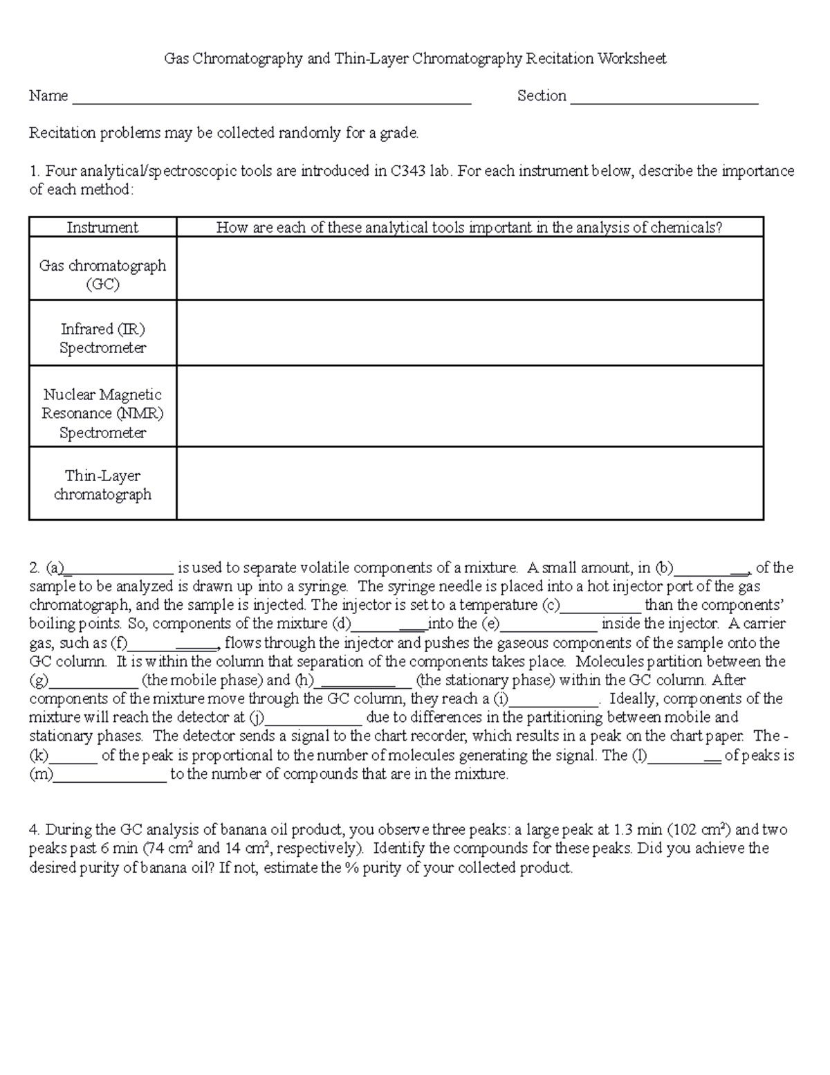 GC and TLC Worksheet Gas Chromatography and ThinLayer Chromatography