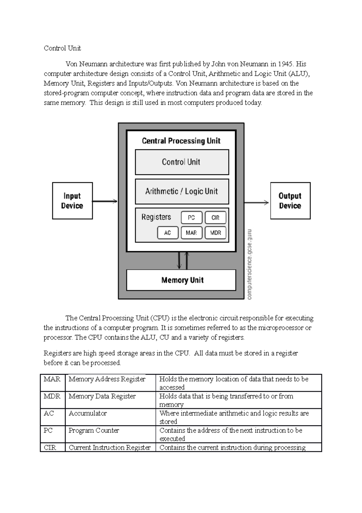 Control Unit MTN Control Unit Von Neumann architecture was first