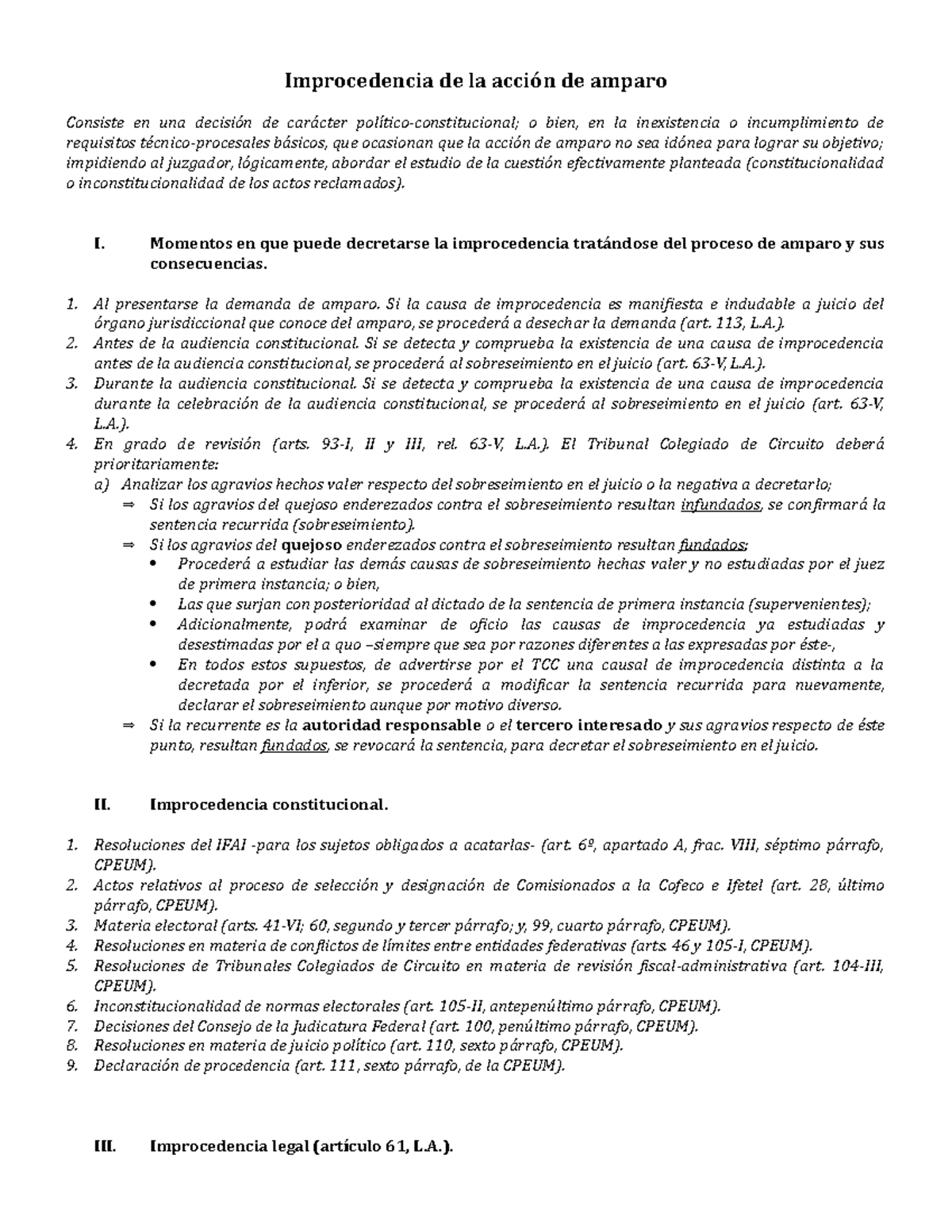 Improcedencia De La Acción De Amparo Improcedencia De La Acción De